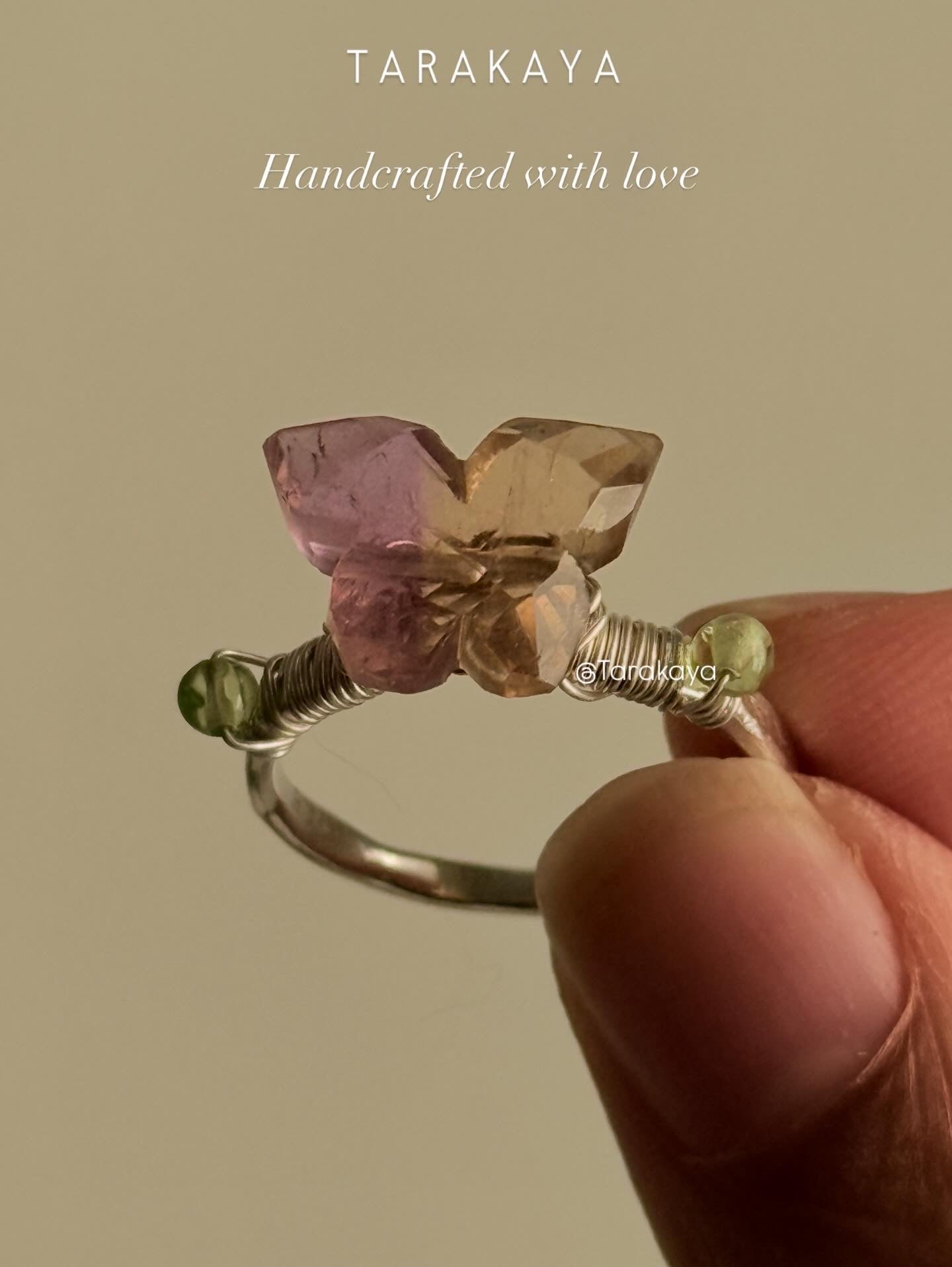 925 Sterling Silver Ametrine Butterfly, Peridot Wire Wrapped Handcrafted Ring