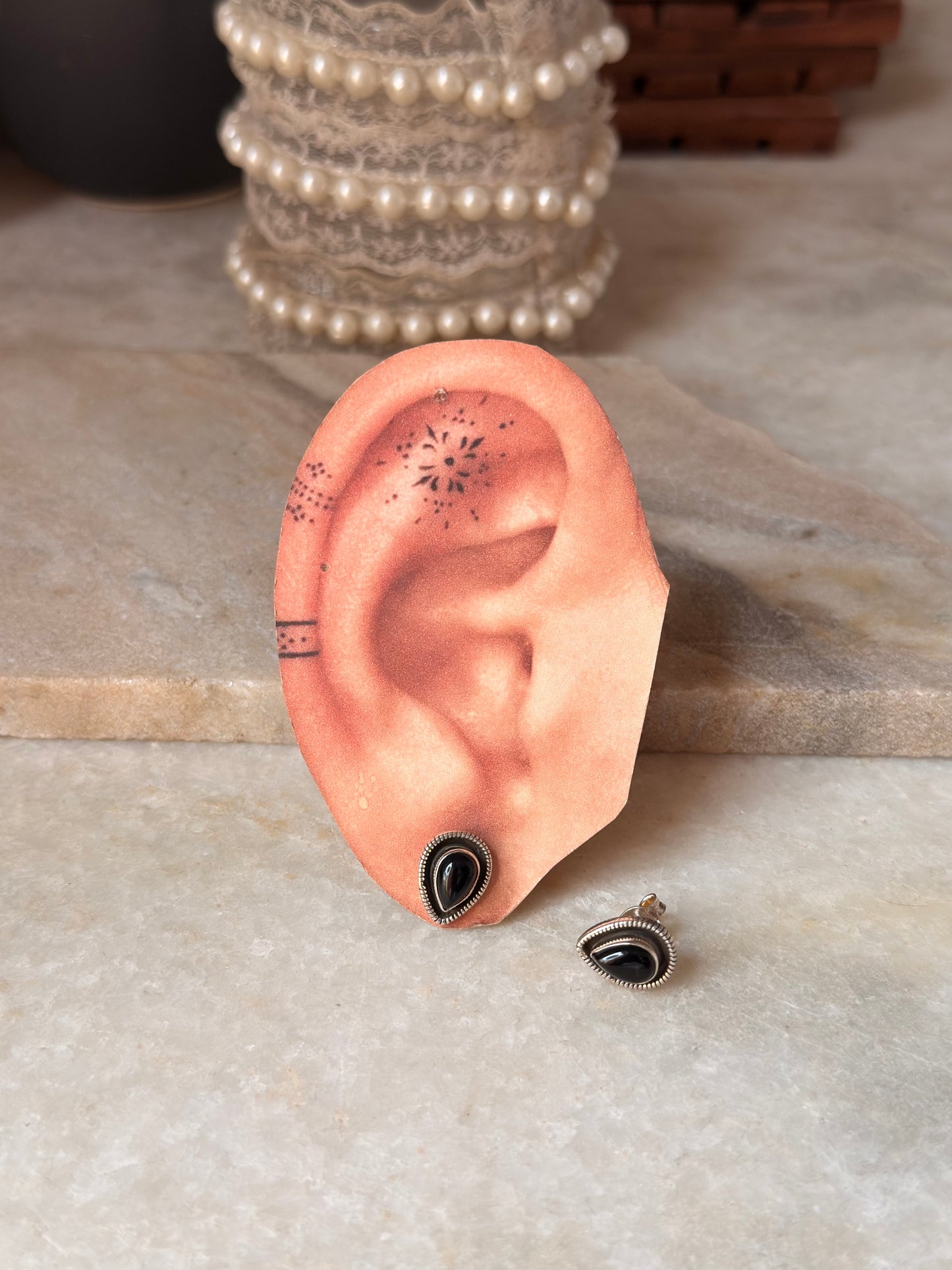 925 Sterling Silver Black Onyx Boho Pear Studs Earrings