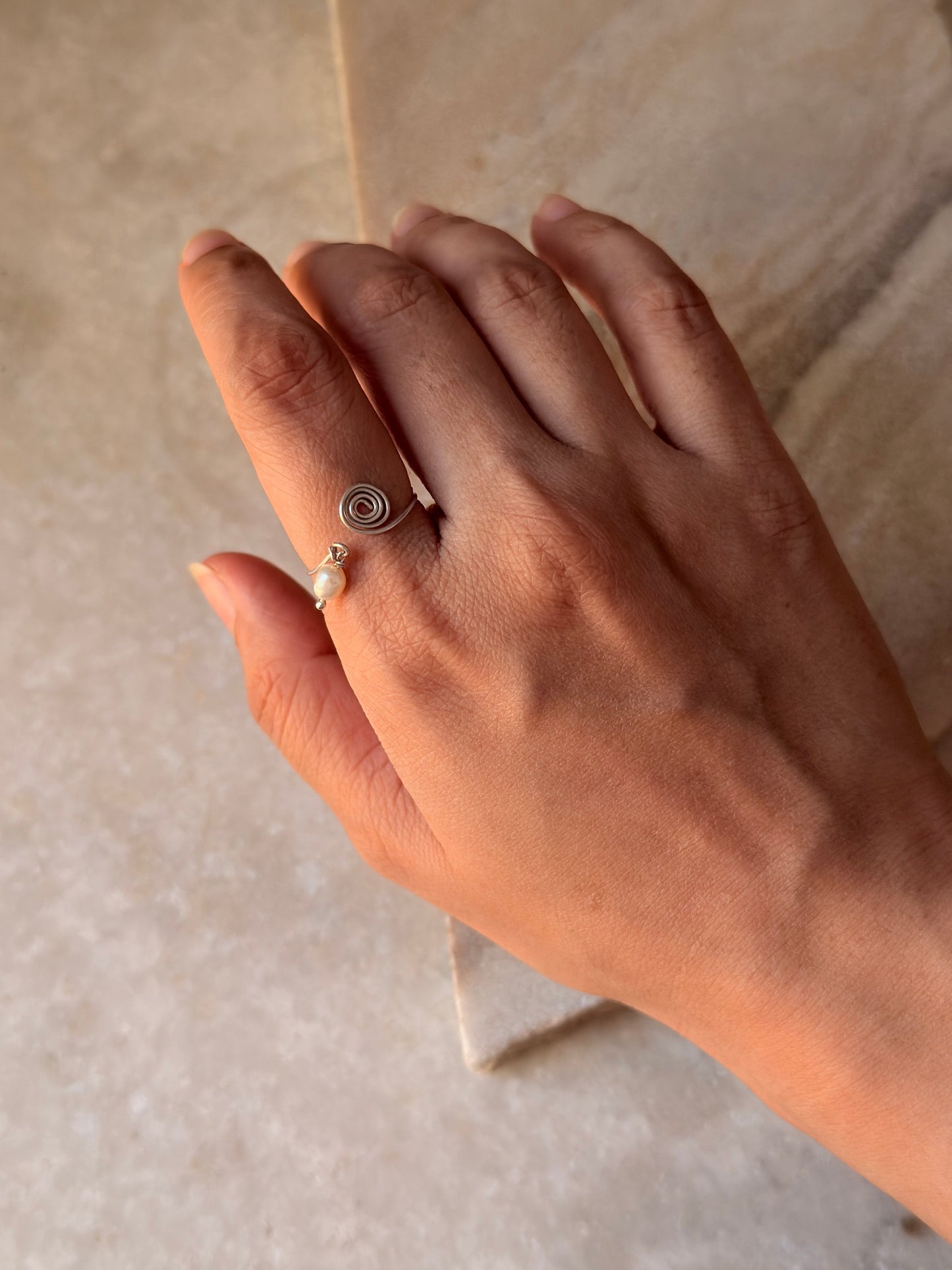 925 Sterling Silver Fresh Water Pearl Spiral Wire Wrapped Adjustable Handcrafted Dainty Ring
