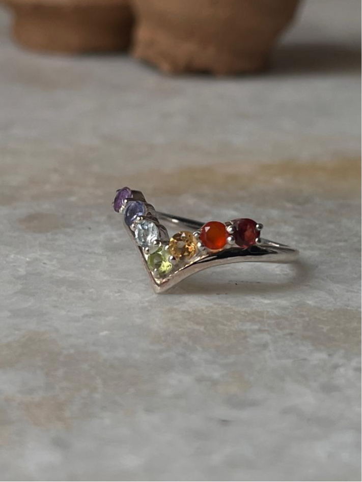 Seven Chakra V 925 Sterling Silver Ring