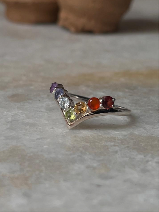 Seven Chakra V 925 Sterling Silver Ring