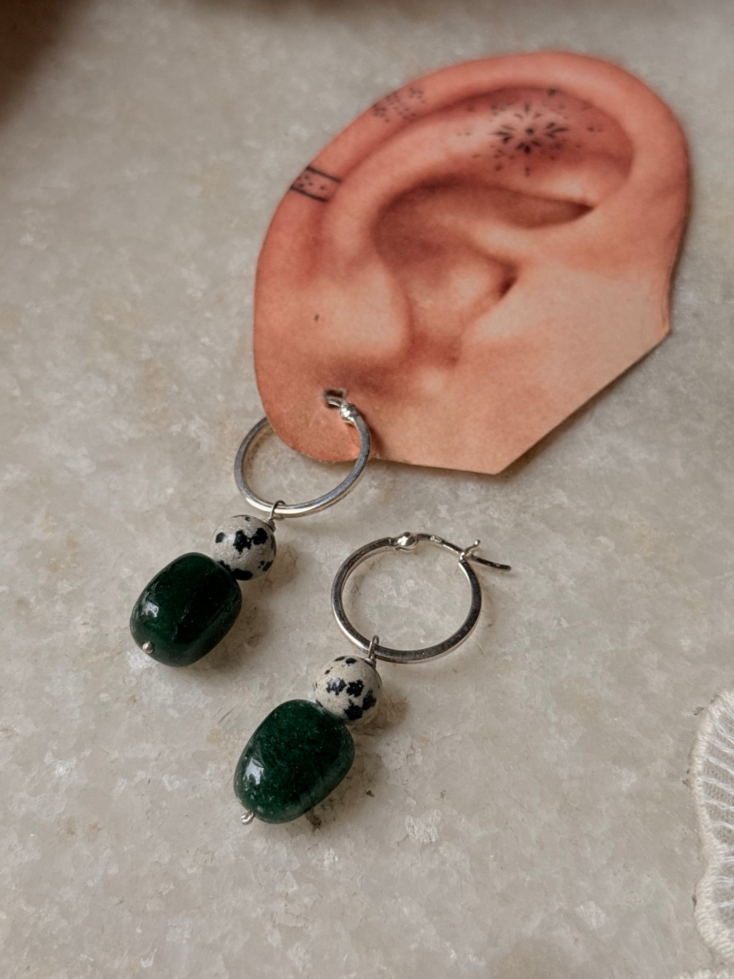 925 Sterling Silver Green Aventurine & Dalmation Jasper Hoops Earrings