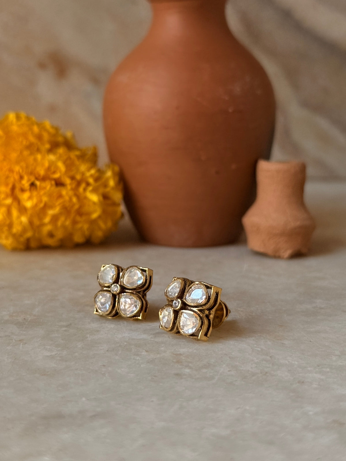 925 Sterling Silver Gold Plated Moissanite Polki Studs Earrings