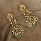 925 Sterling Silver Gold Plated Antique Moissanite Polki Green Onyx , Fresh Water Pearls Statement Earrings