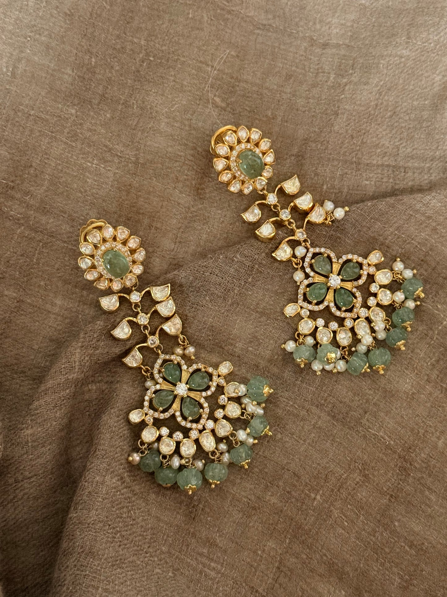 925 Sterling Silver Gold Plated Antique Moissanite Polki Green Onyx , Fresh Water Pearls Statement Earrings