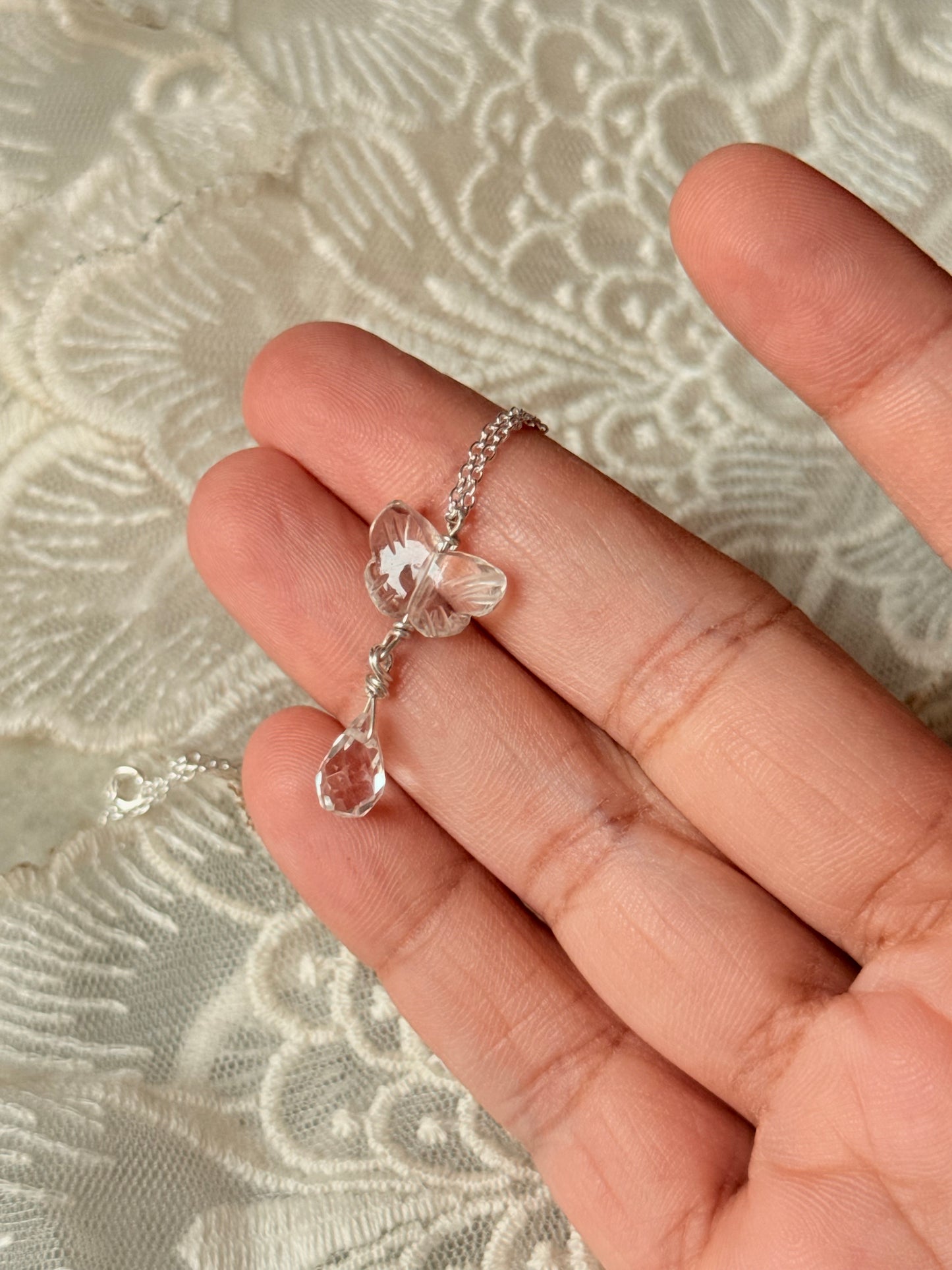 925 Sterling Silver Clear Quartz Butterfly, Clear Quartz Drop Handcrafted Necklace