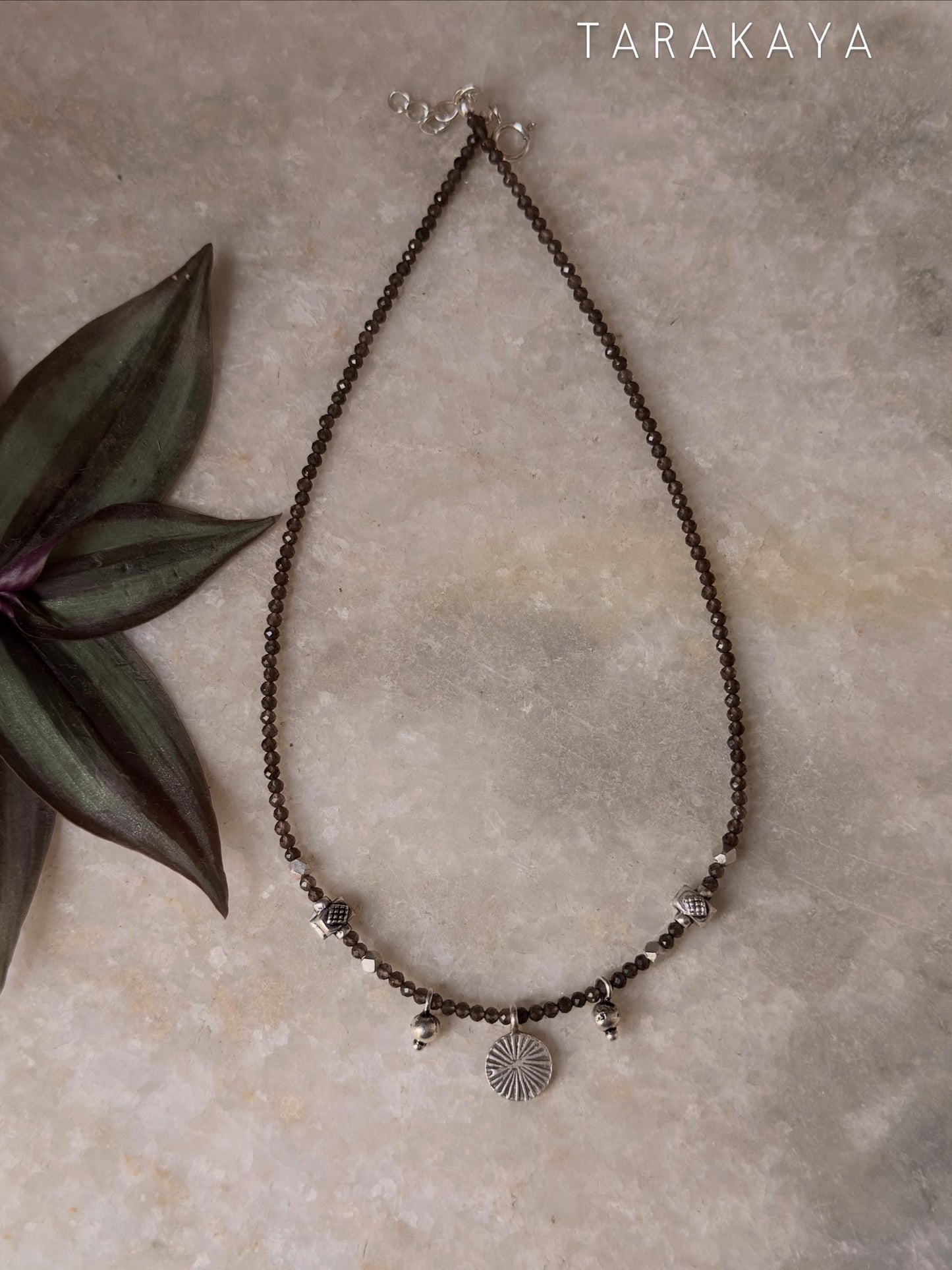 925 Sterling Silver Smokey Quartz 2mm & Hill Tribe Coin Charm & Silver Beads Handcrafted Necklace