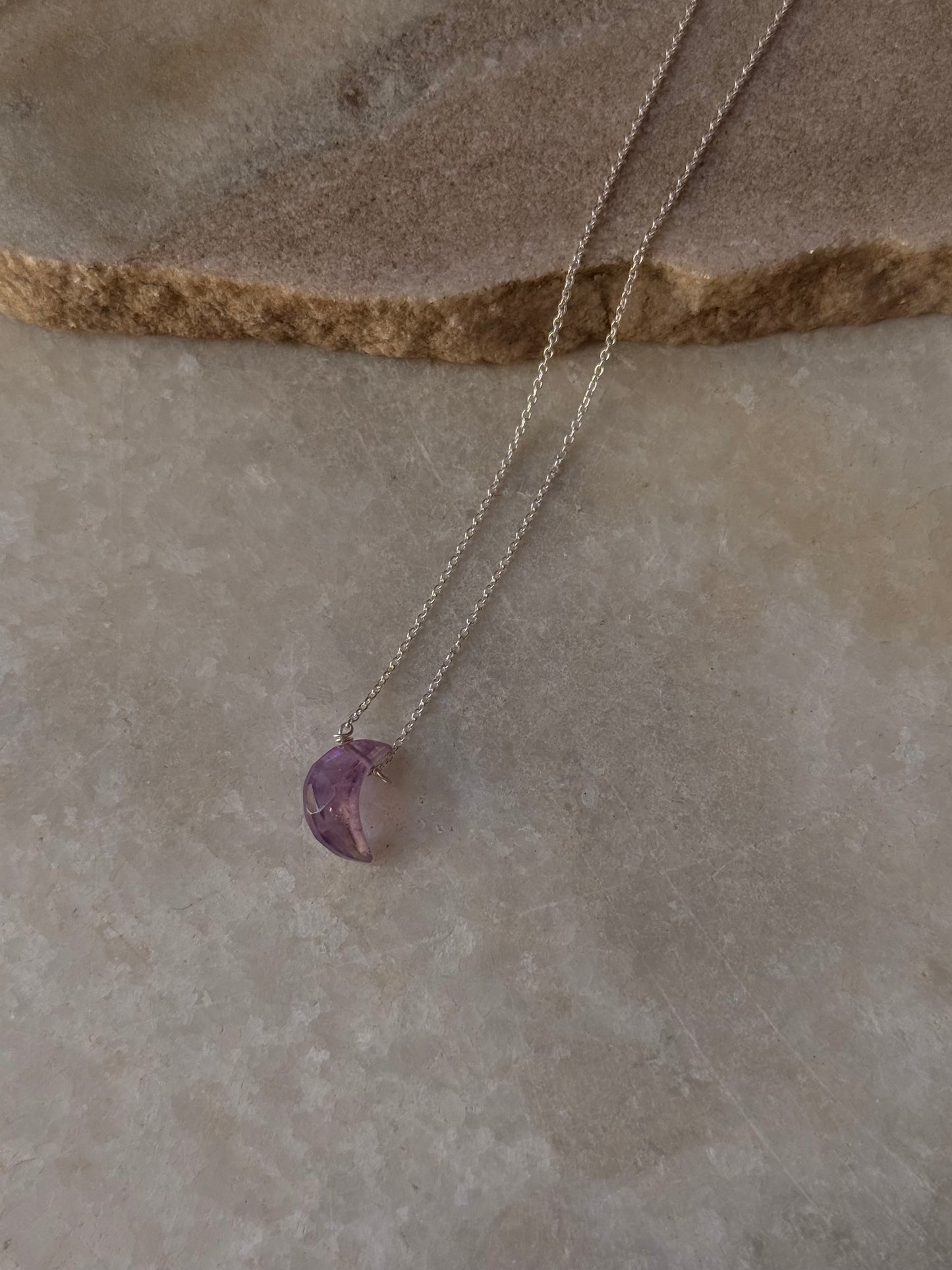 925 Sterling Silver Amethyst Moon Crescent Carved Handcrafted Necklace