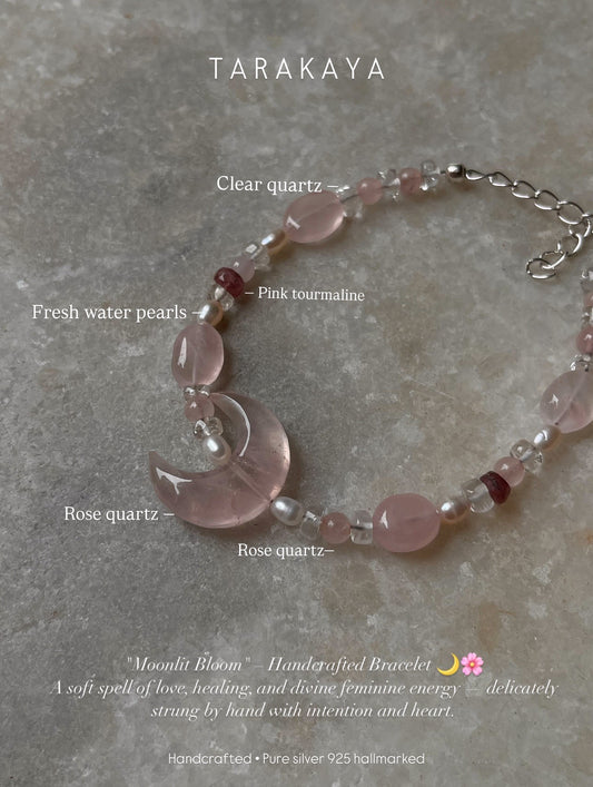 Moonlit Bloom ~Rose Quartz Crescent Moon, Clear Quartz & Pearl Crystal 925 Sterling Silver Bracelet