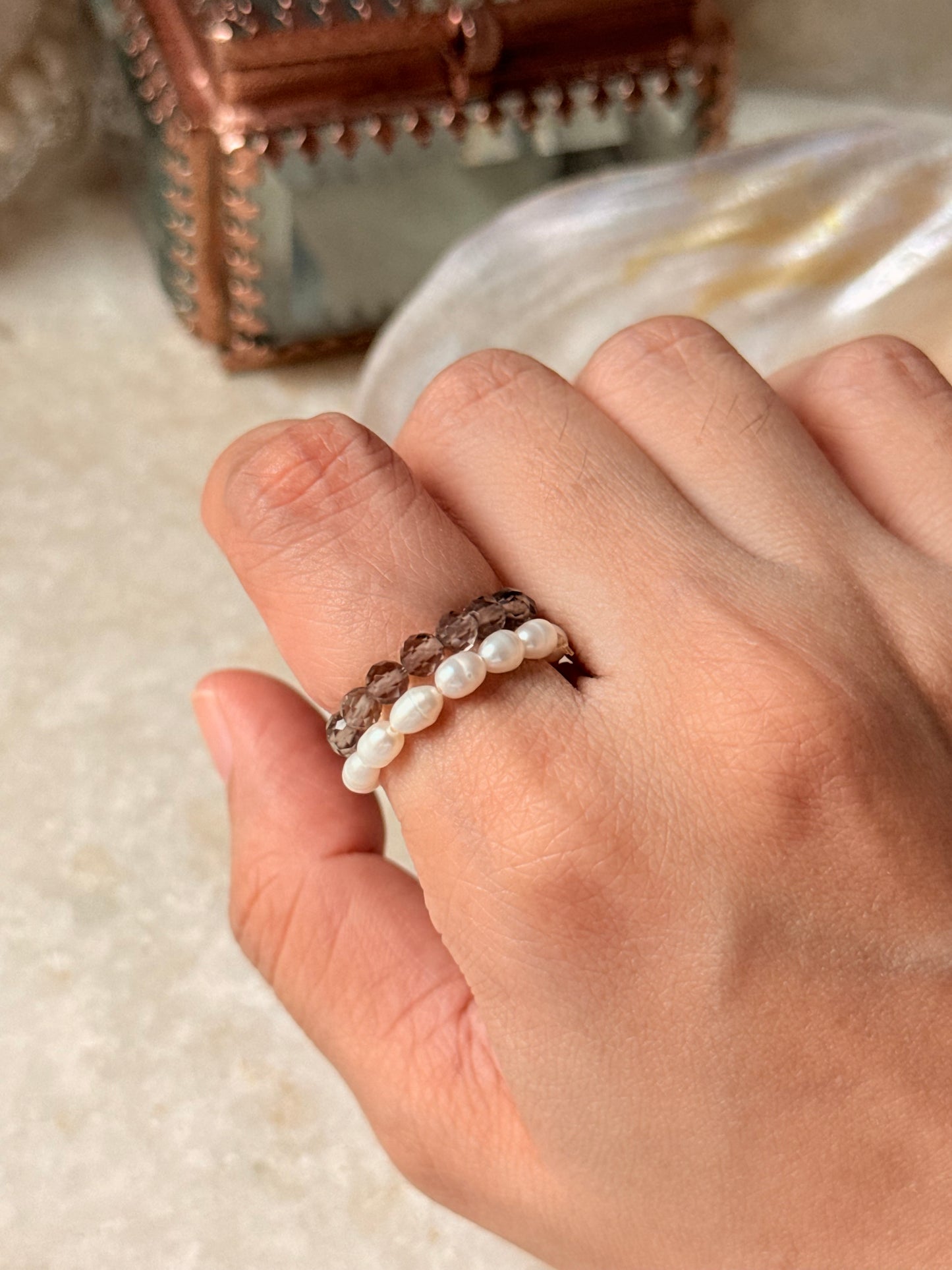 Natural Crystal Stretchy Smokey Quartz 3-4mm & Fresh Water Pearl Rings