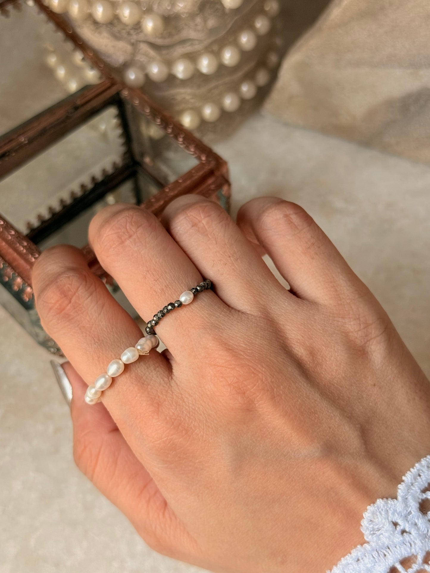 Natural Crystal Stretchy Fresh Water Pearl & Pyrite Pearl Rings