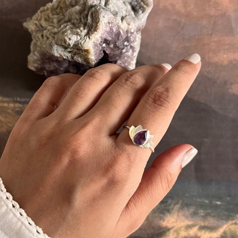 Divine Lotus Amethyst Silver Ring for Inner Peace
