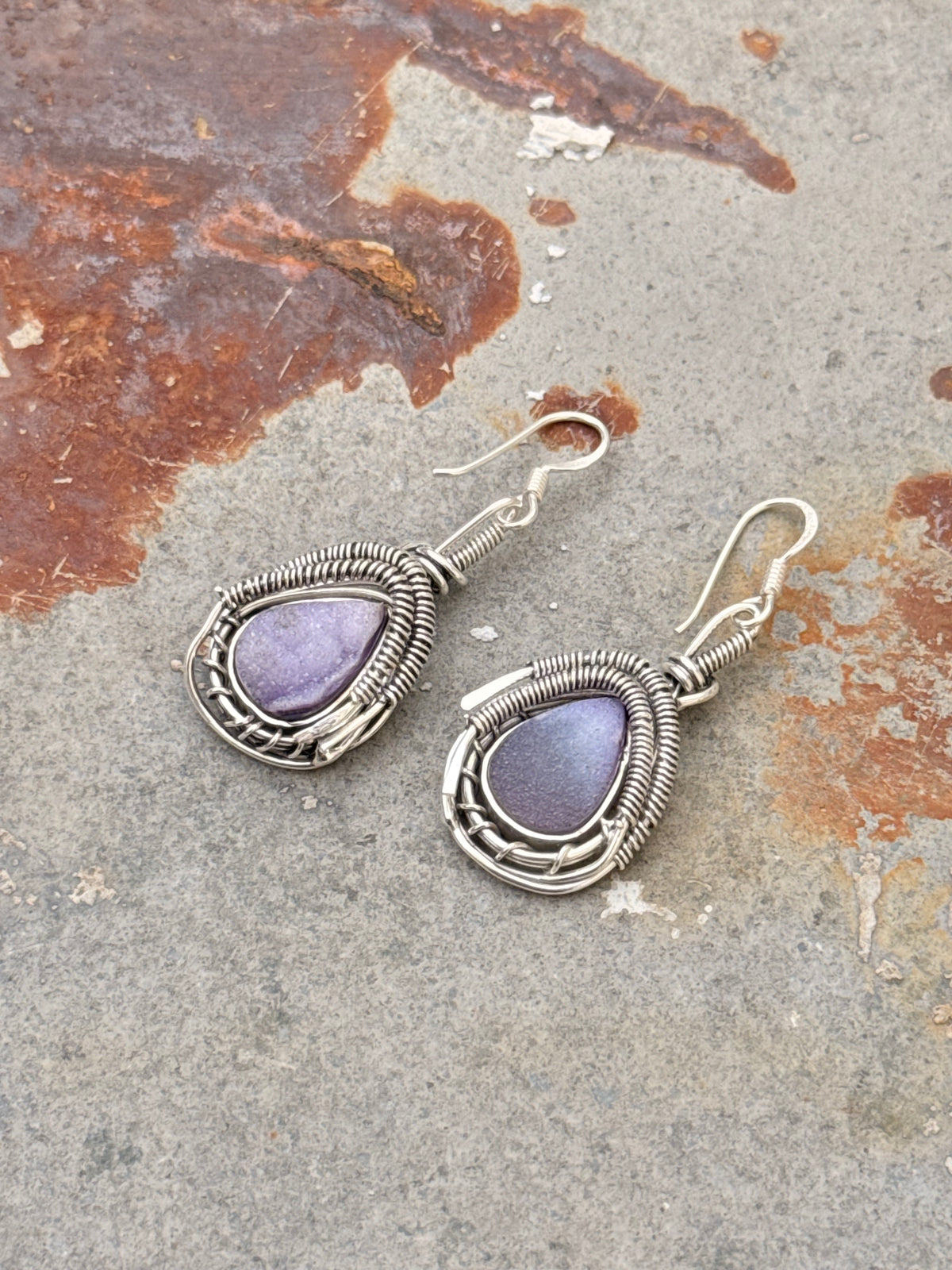 925 Sterling Silver Purple Geode Shiney Wire Wrap Gothic Handcrafted Hook Earrings