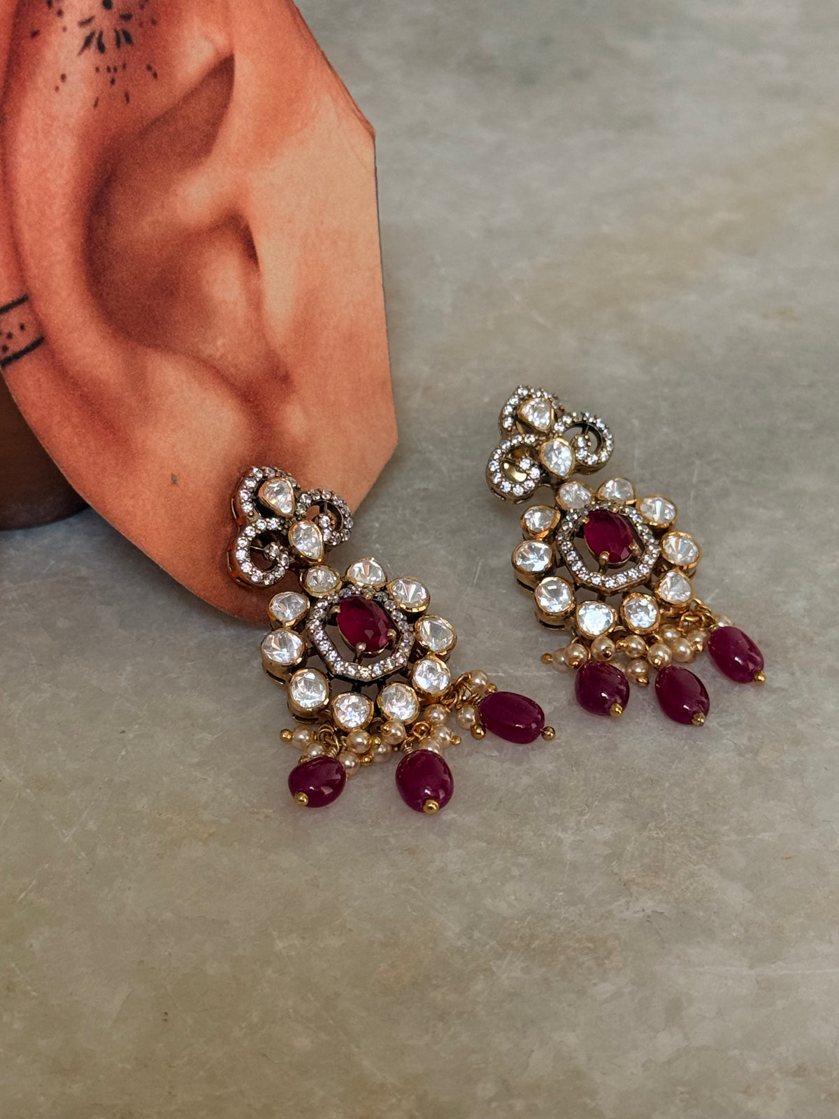 925 Sterling Silver Moissanite Polki,Dyed Ruby ,Cz & Fresh Water Pearls Gold Plated Statement Earrings