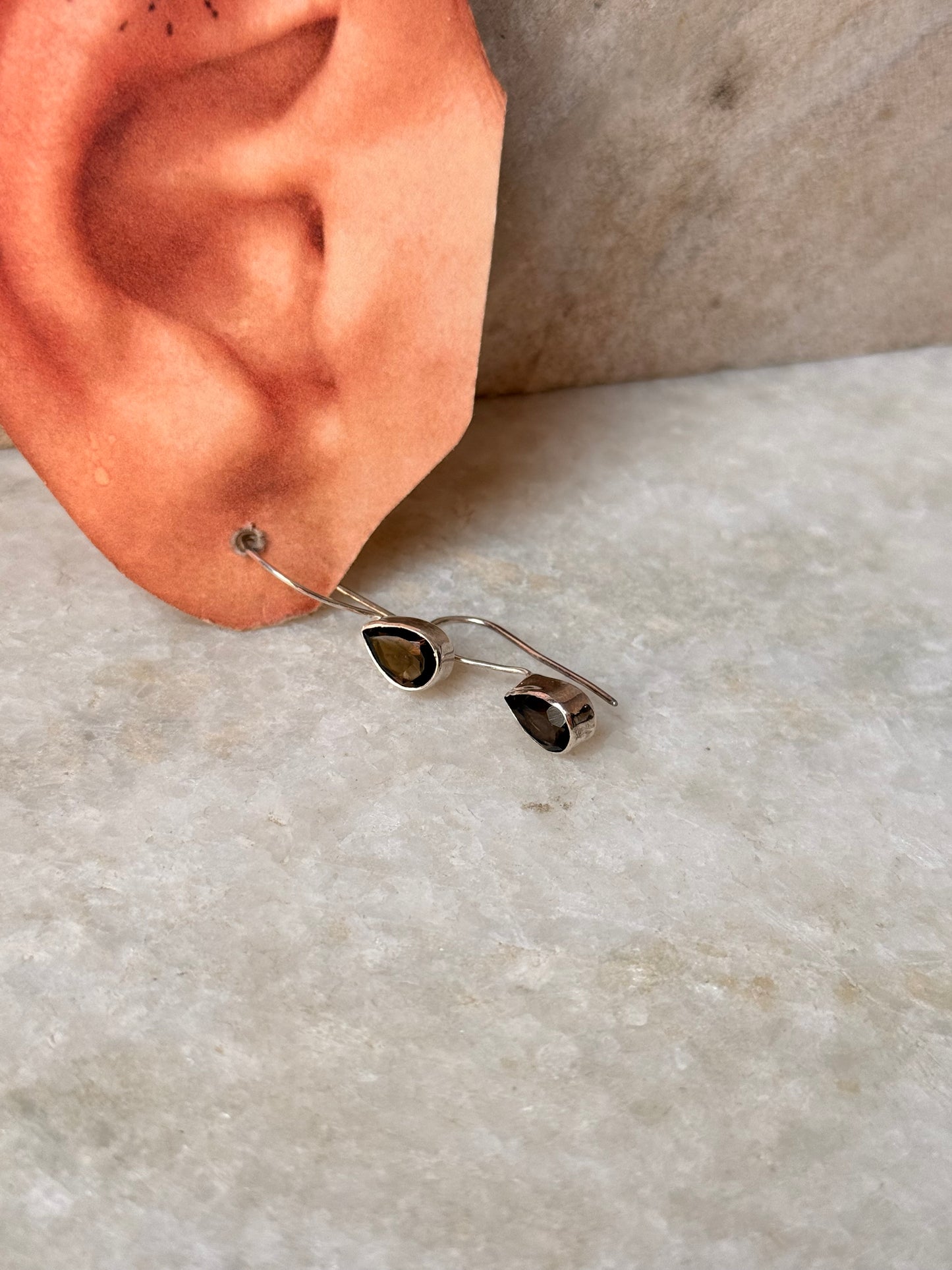 925 Sterling Silver Smokey Quartz Pear Hook Earrings
