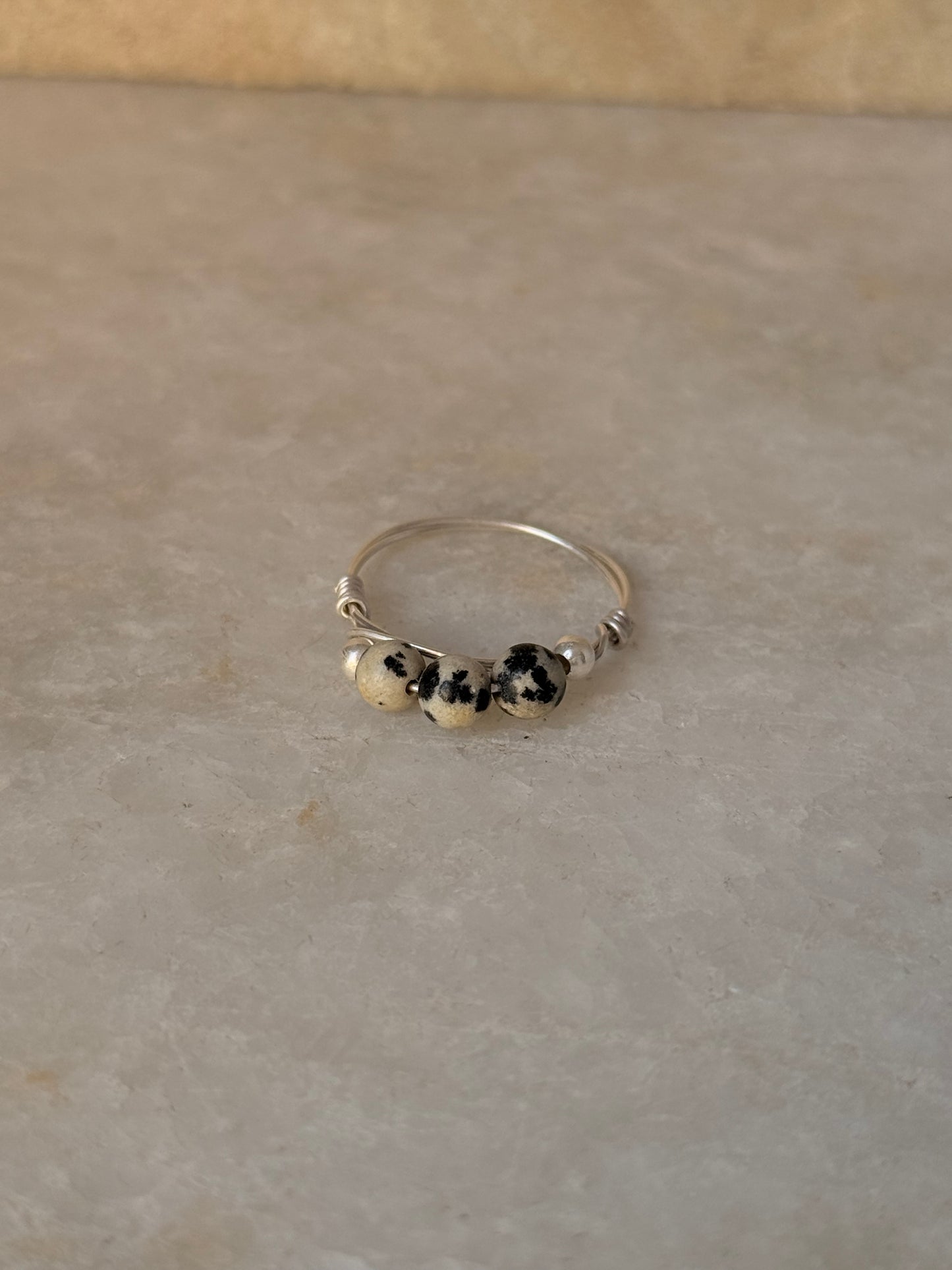 925 Sterling Silver Dalmatian Jasper Crystal - Silver balls Wire Wrapped Handcrafted Ring
