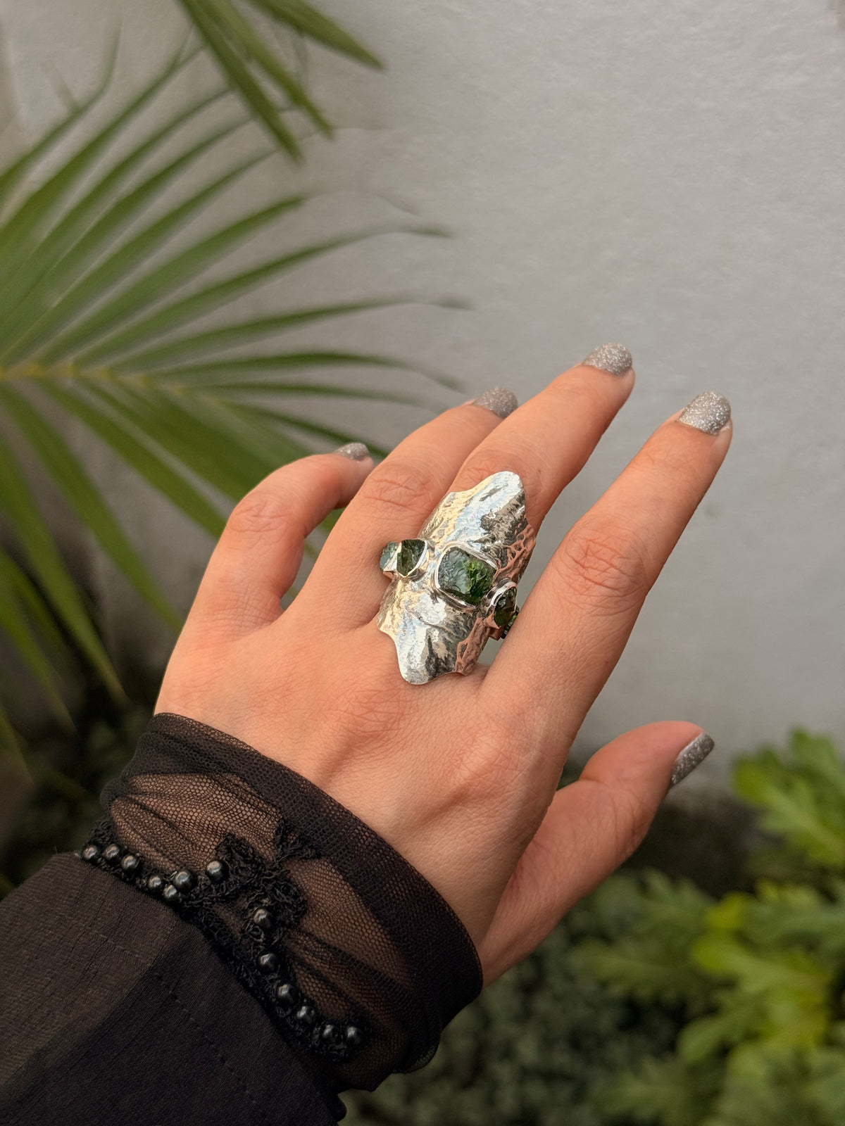 925 Sterling Silver Green Tourmaline Raw Uncut Molten Textured Statement Handcrafted Ring