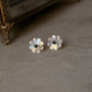 925 Sterling Silver Mother of Pearl Flower Carved - Black Spinel Round Studs- 2 in 1