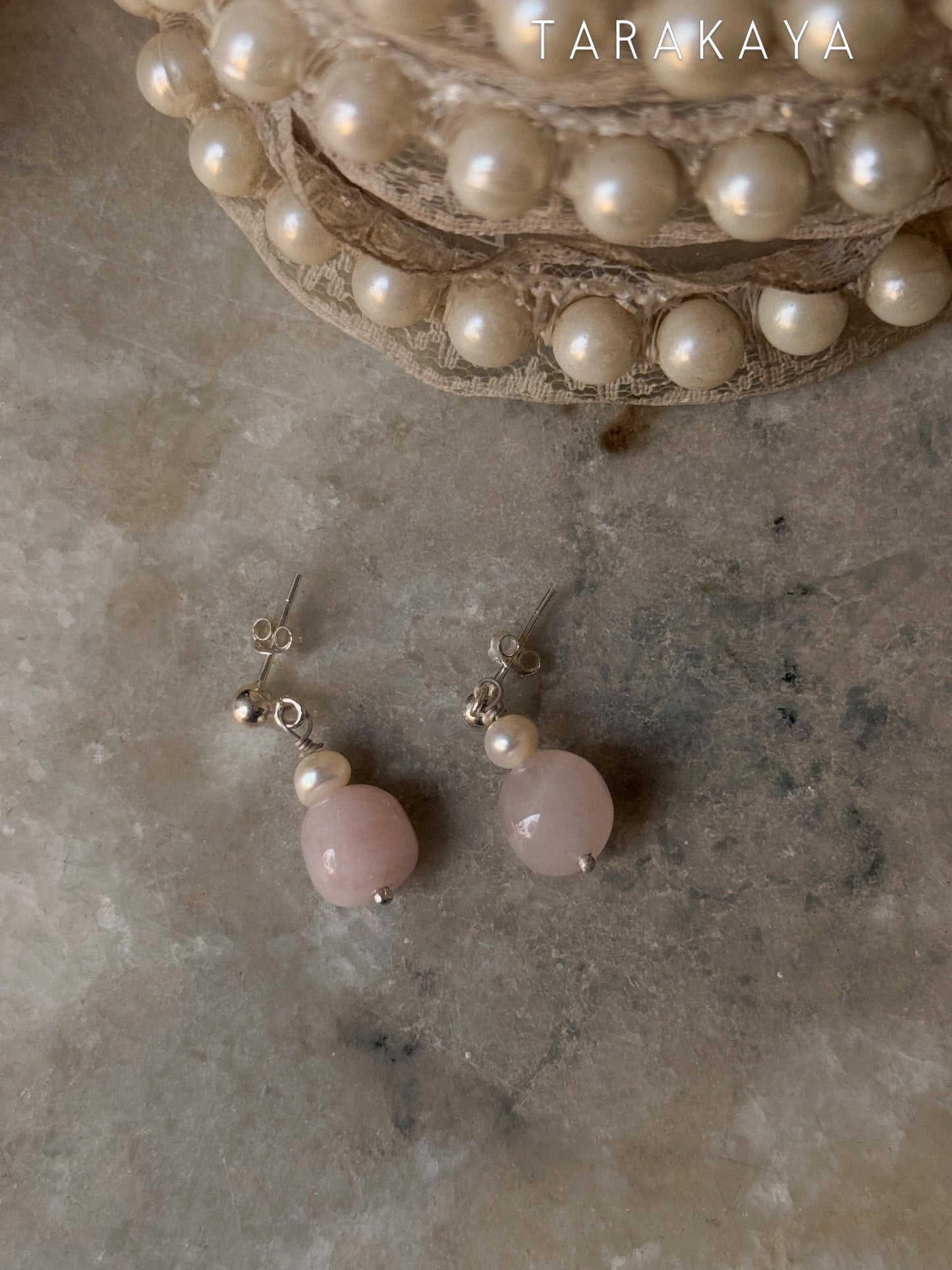925 Sterling Silver Rose Quartz Tumble with Fresh Water Pearl Handcrafted Studs