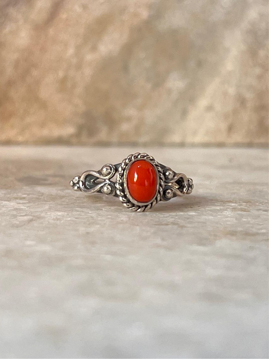 Natural Coral Boho Oval 925 Sterling Silver Ring