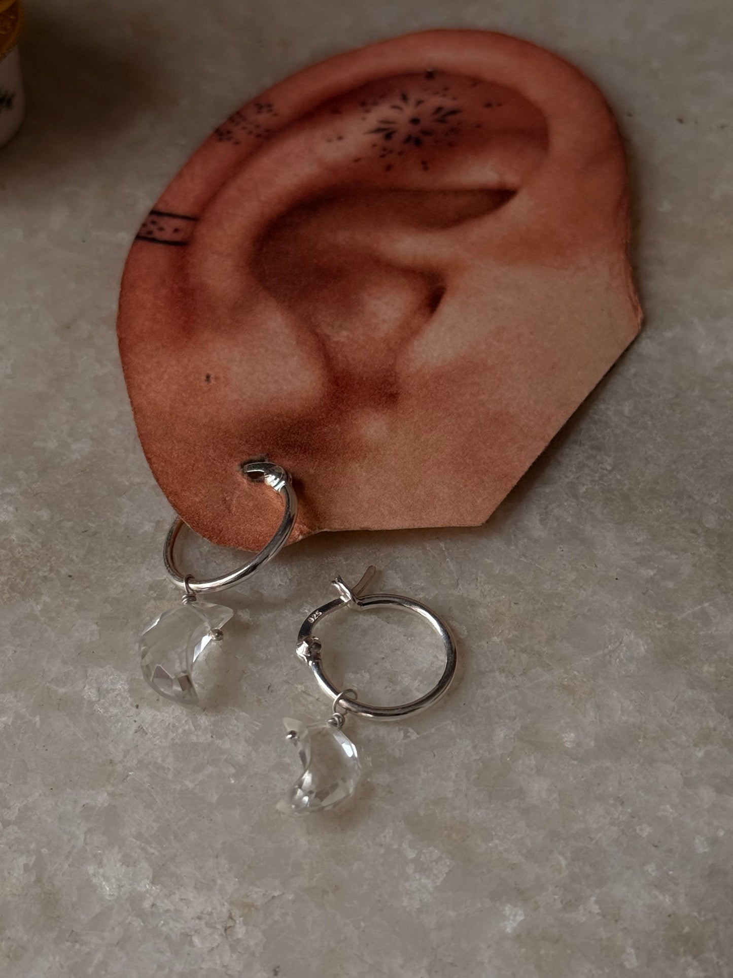 925 Sterling Silver Clear Quartz Moon Carved Charm Italian Hoops