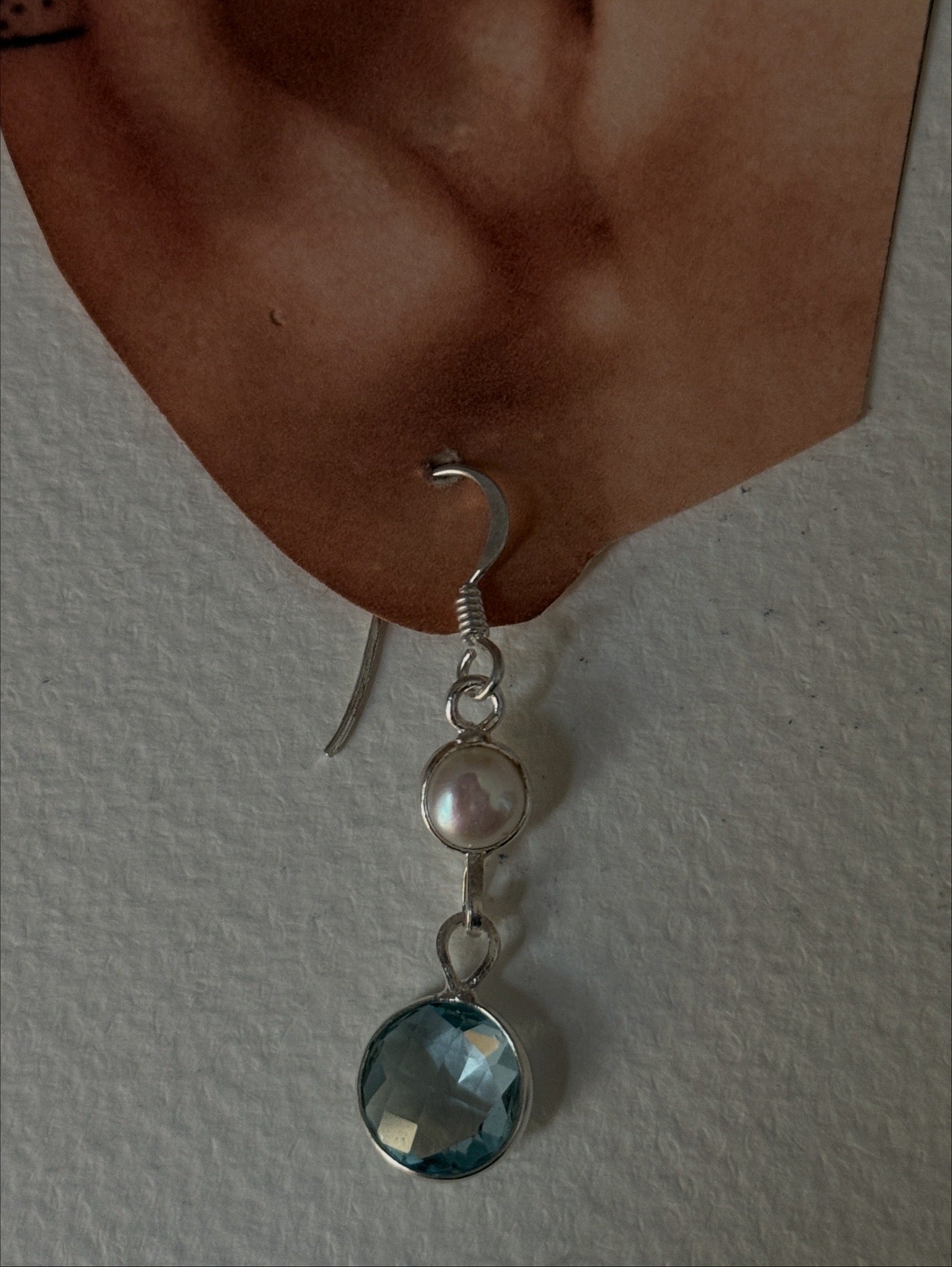 Elegant pearl and checkerboard blue topaz silver earrings