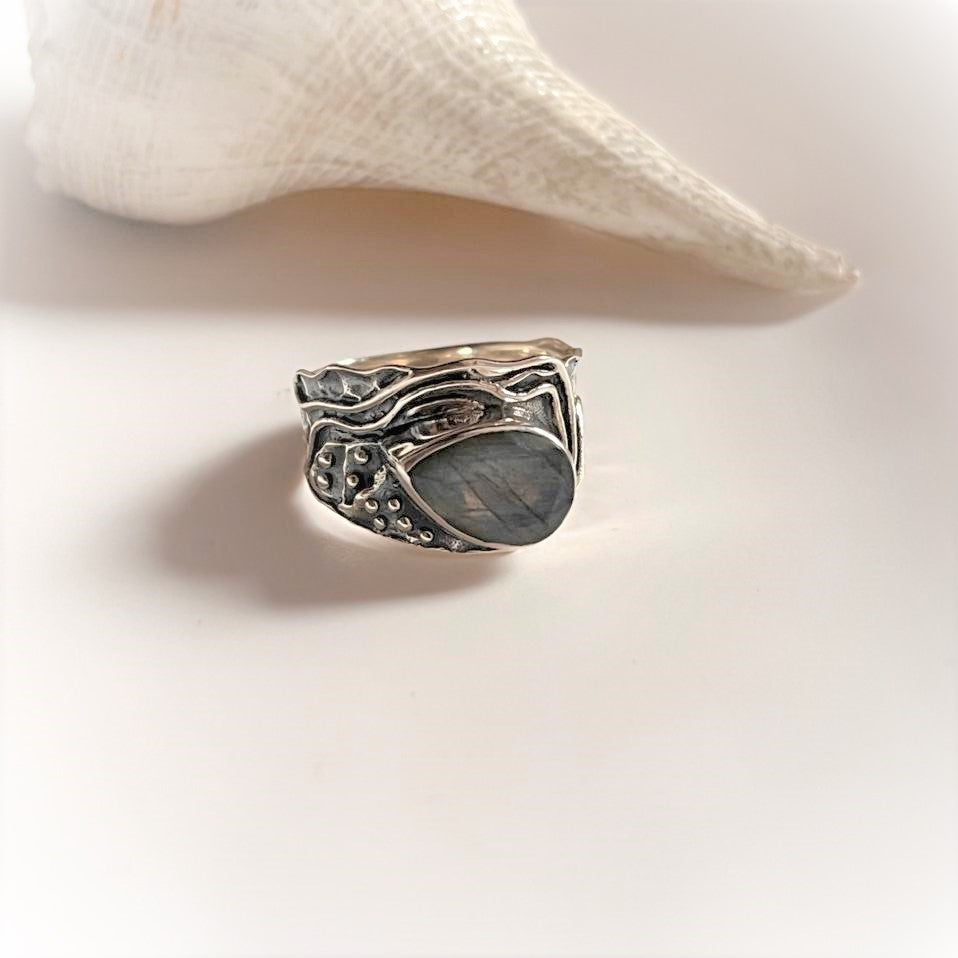 Rustic Silver Ring with Labradorite Pear Cut Gemstone