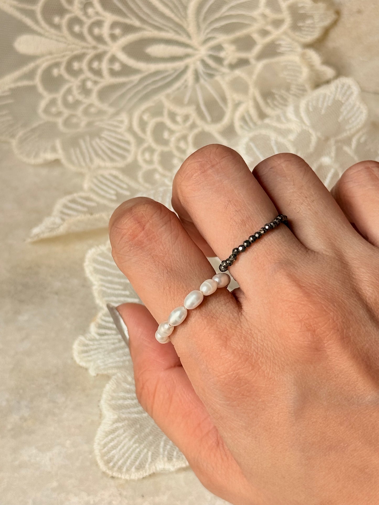 Natural Crystal Stretchy Fresh Water Pearl & Pyrite Rings