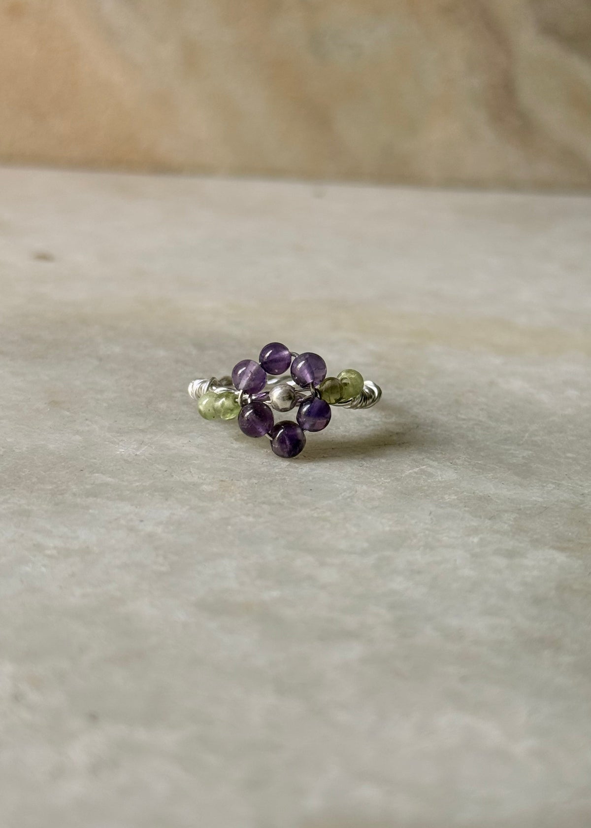 925 Sterling Silver Amethyst & Peridot Floral Wire Wrapped Handcrafted Ring