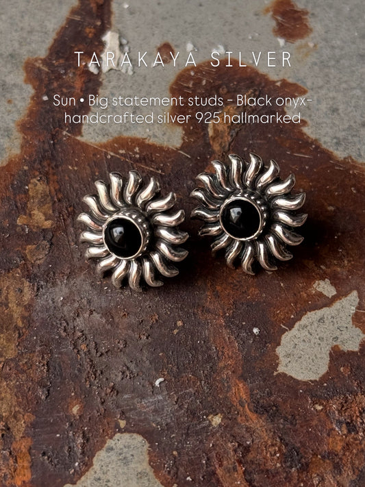 925 Sterling Silver Black Onyx Sun Statement Studs Earrings