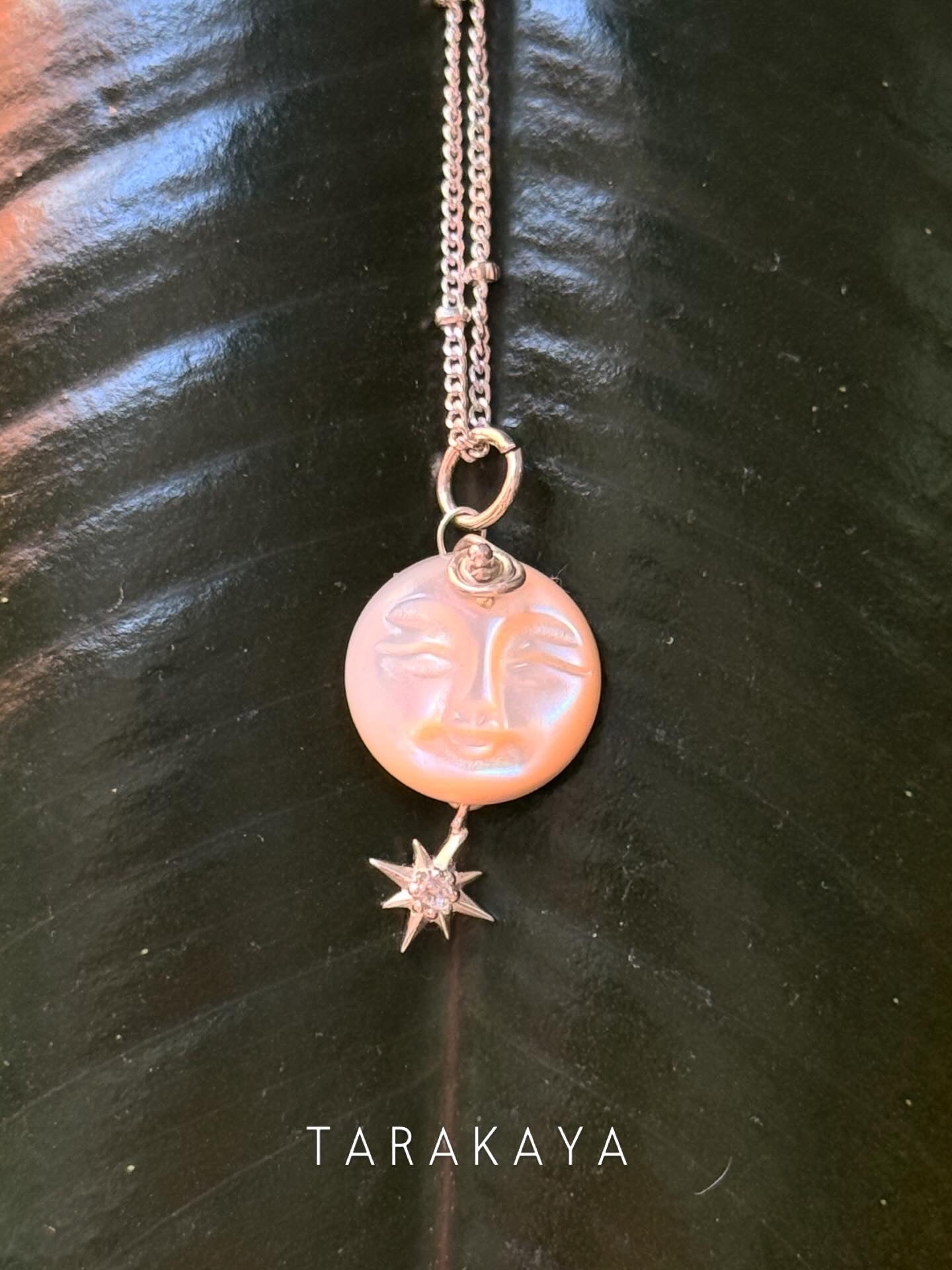 925 Sterling Silver Mother of Pearl Full Moon Face Carved White Topaz North Star Cable Dot Handcrafted Necklace