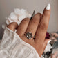 Close-up of daisy silver ring with detailed petals