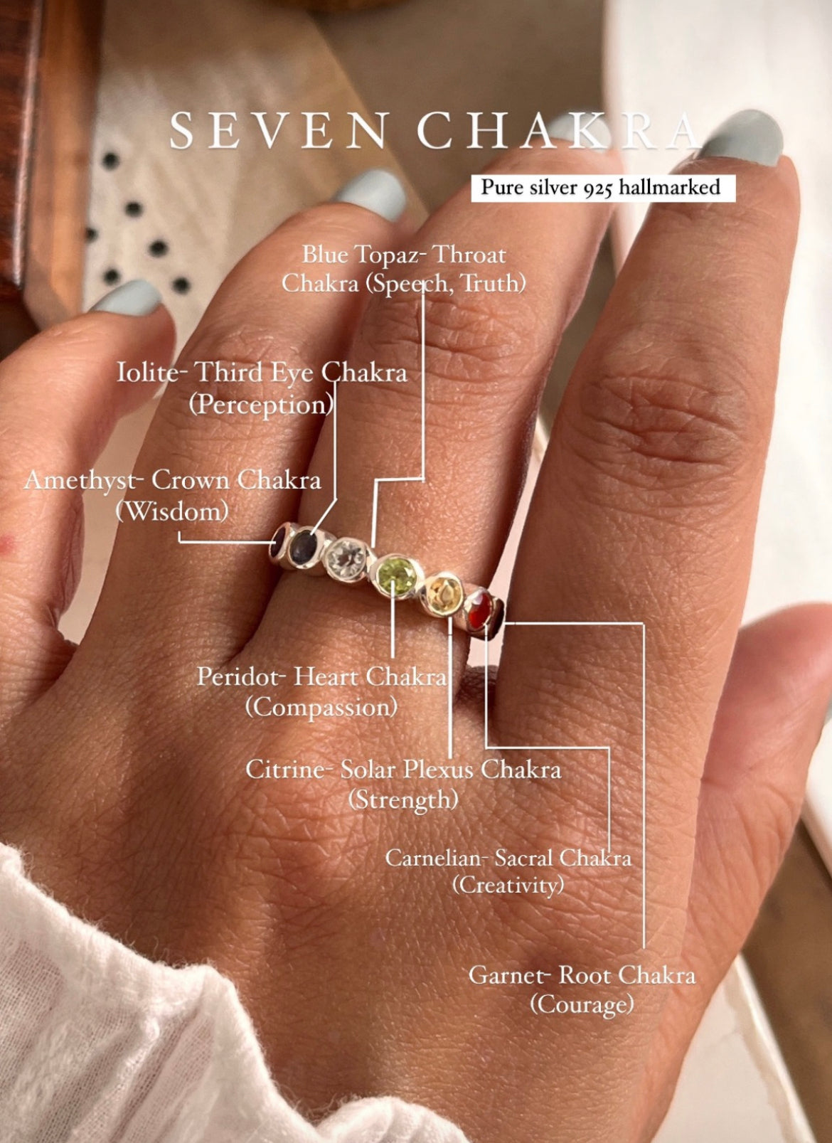 Seven Chakra round eternity band silver ring