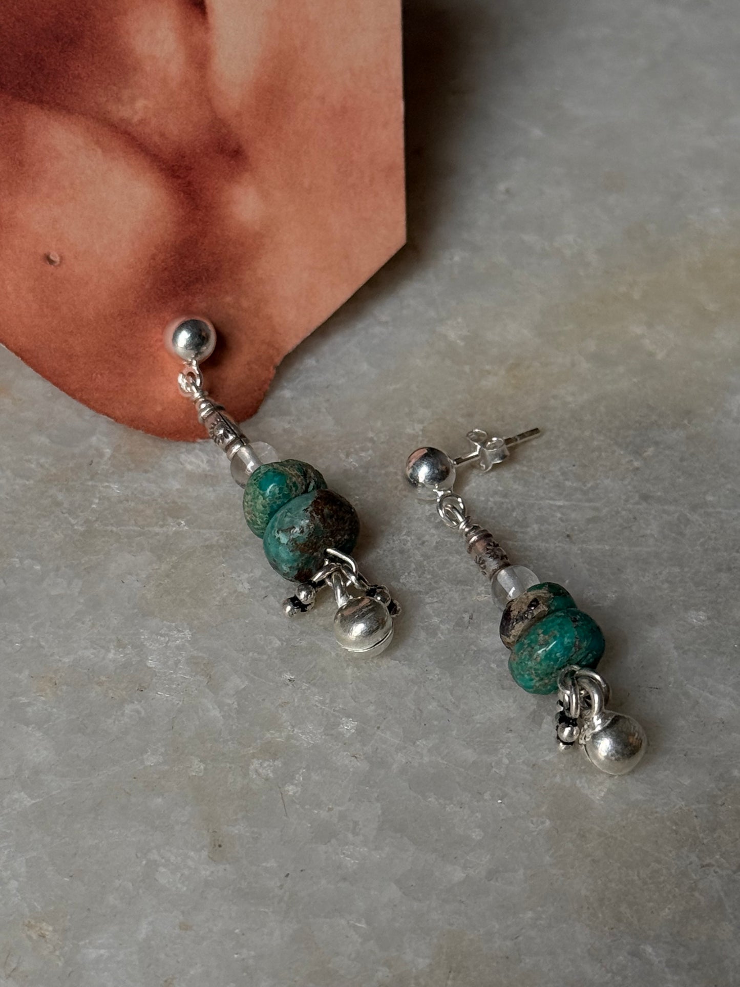 925 Sterling Silver Kingsman Turquoise, Clear Quartz , Sun Engraved Beads & Ghungroo Tribal Handcrafted Studs