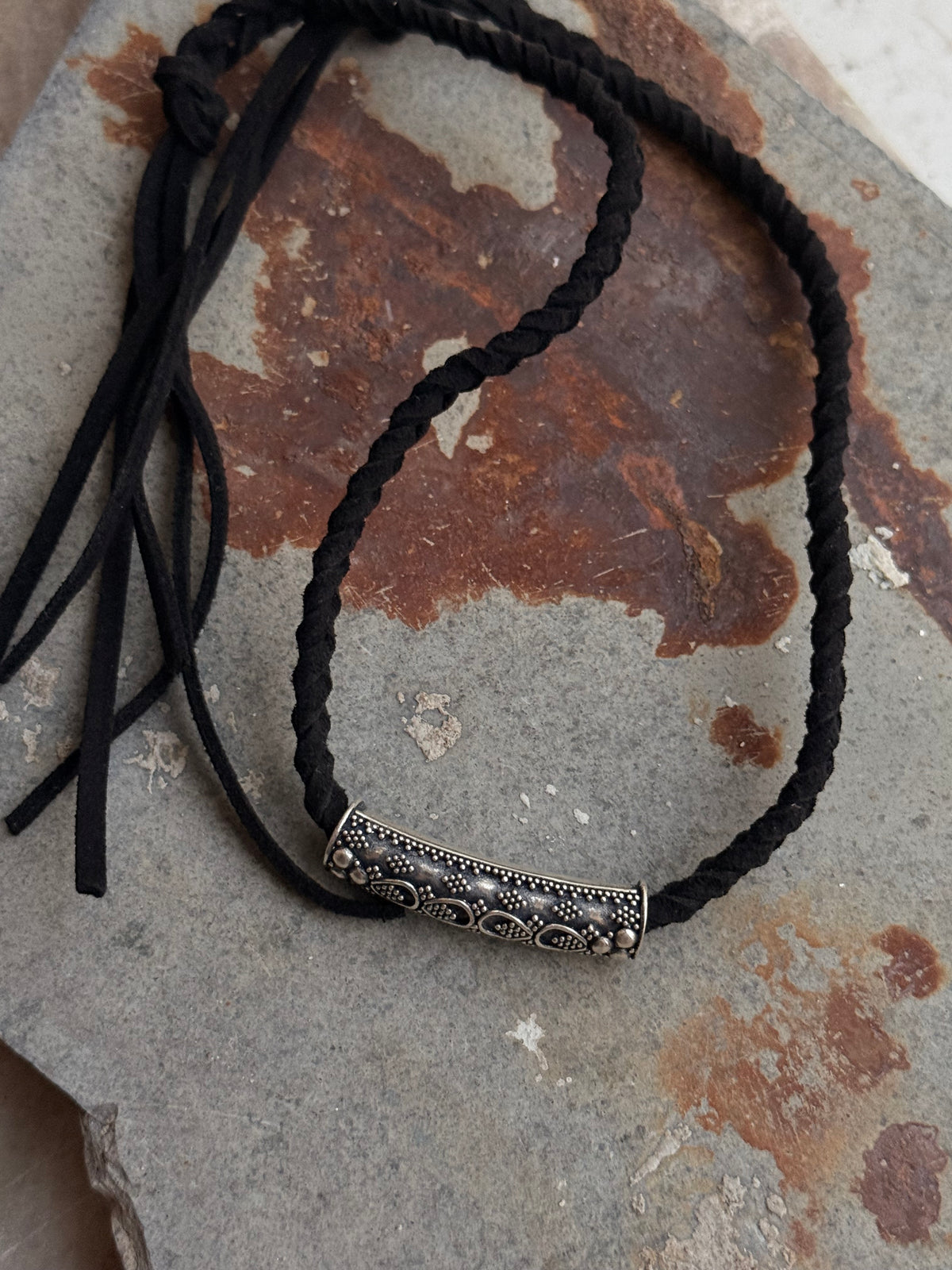 925 Sterling Silver Black Leather Cord Knot Mandali Choker Necklace