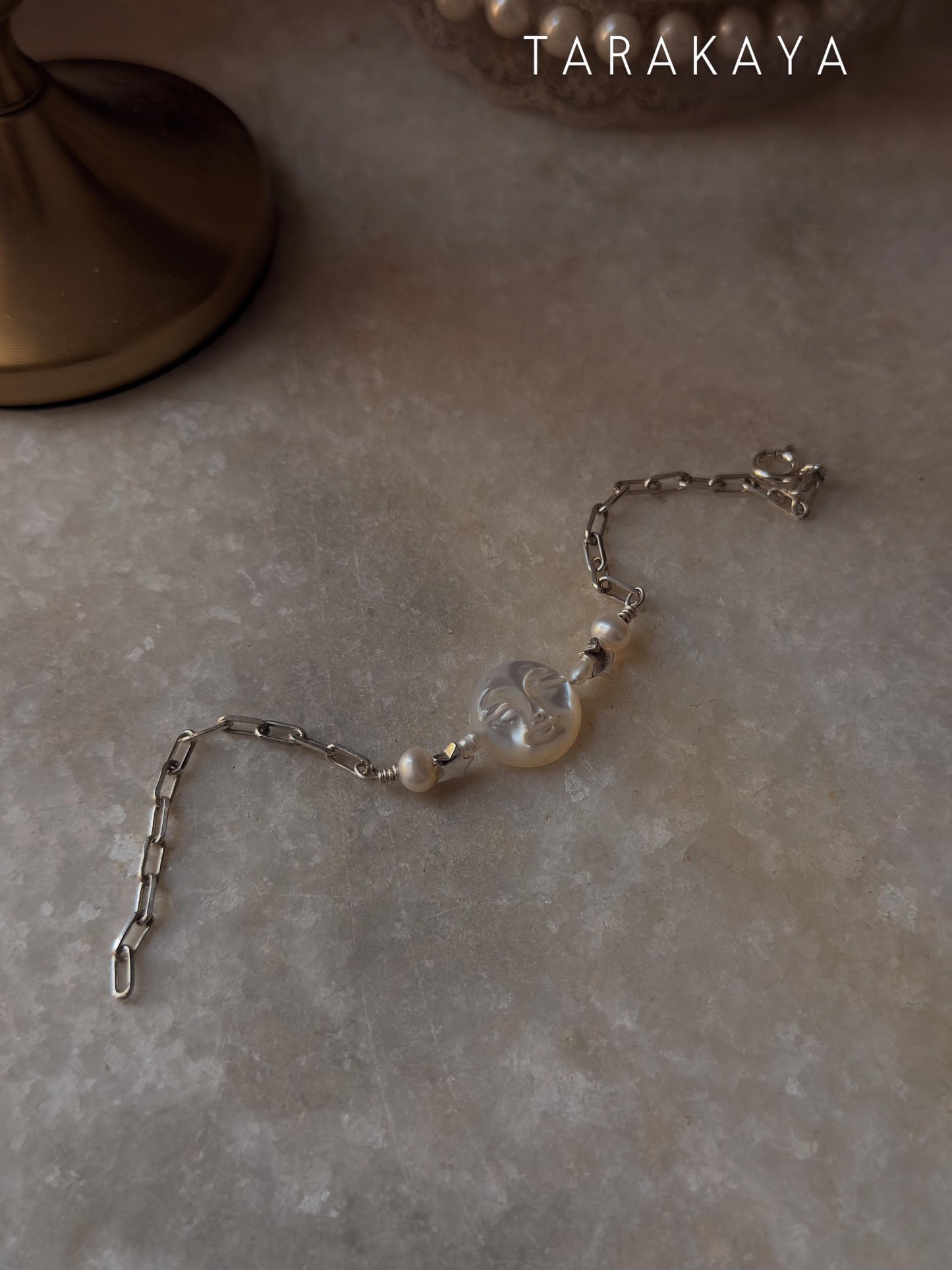 925 Sterling Silver Mother of Pearl Moon Face, Fresh Water Pearls & Silver Stars Self Designed Handcrafted Bracelet