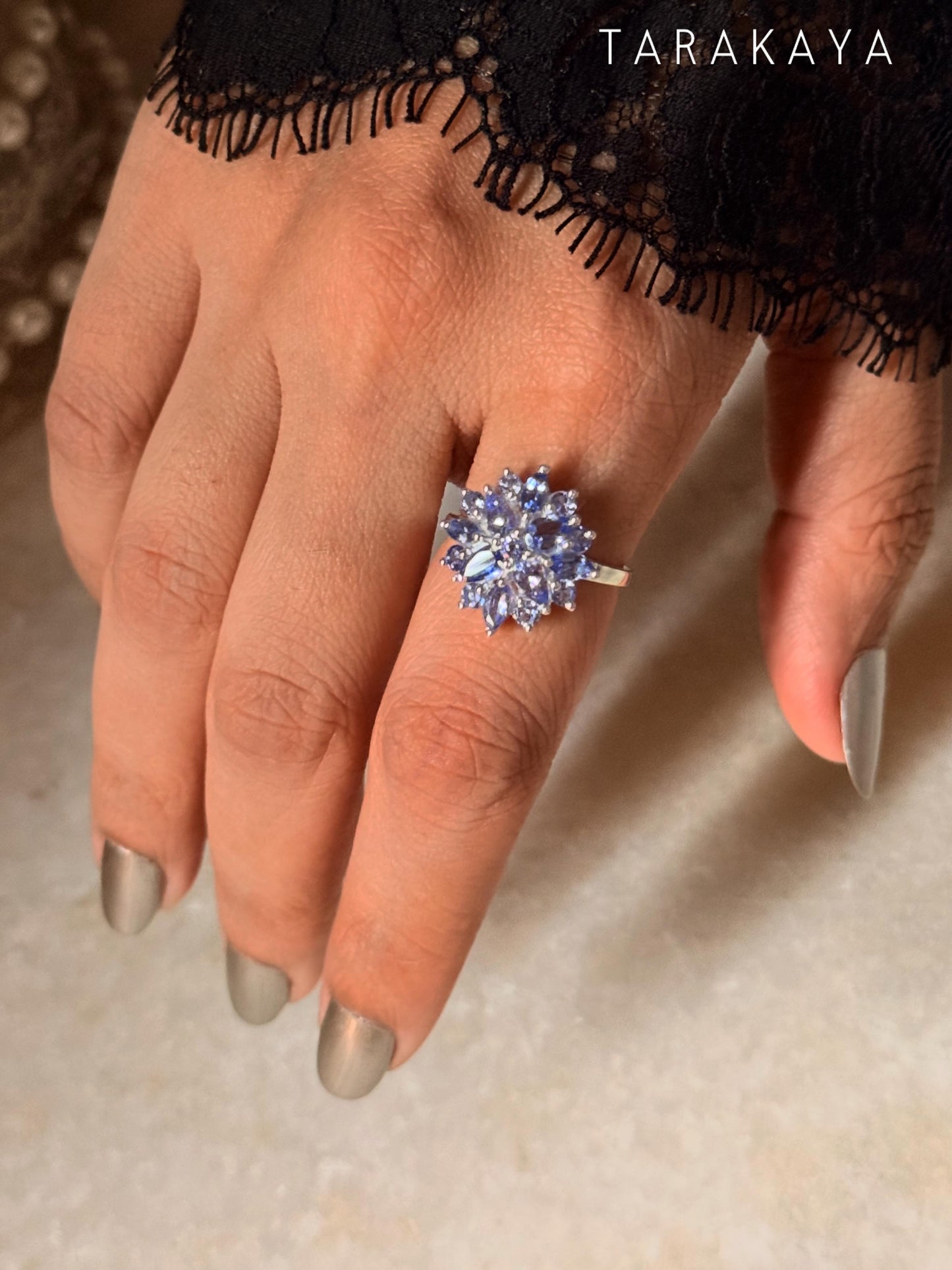 925 Sterling Silver Natural Tanzanite Faceted Big Flower Statement Ring