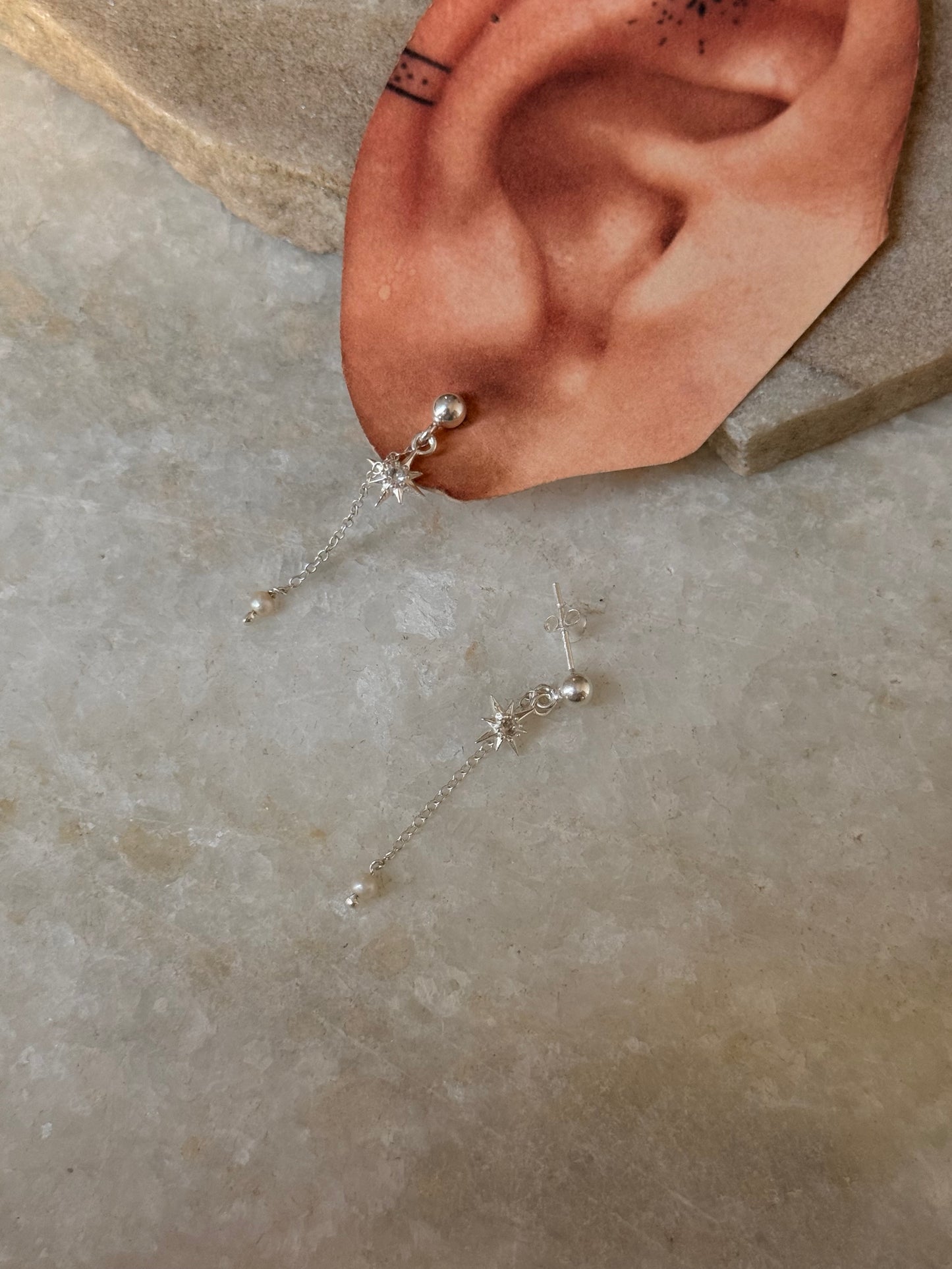 925 Sterling Silver Fresh Water Pearls Connector Chain With North Star White Topaz Charm Studs Earrings