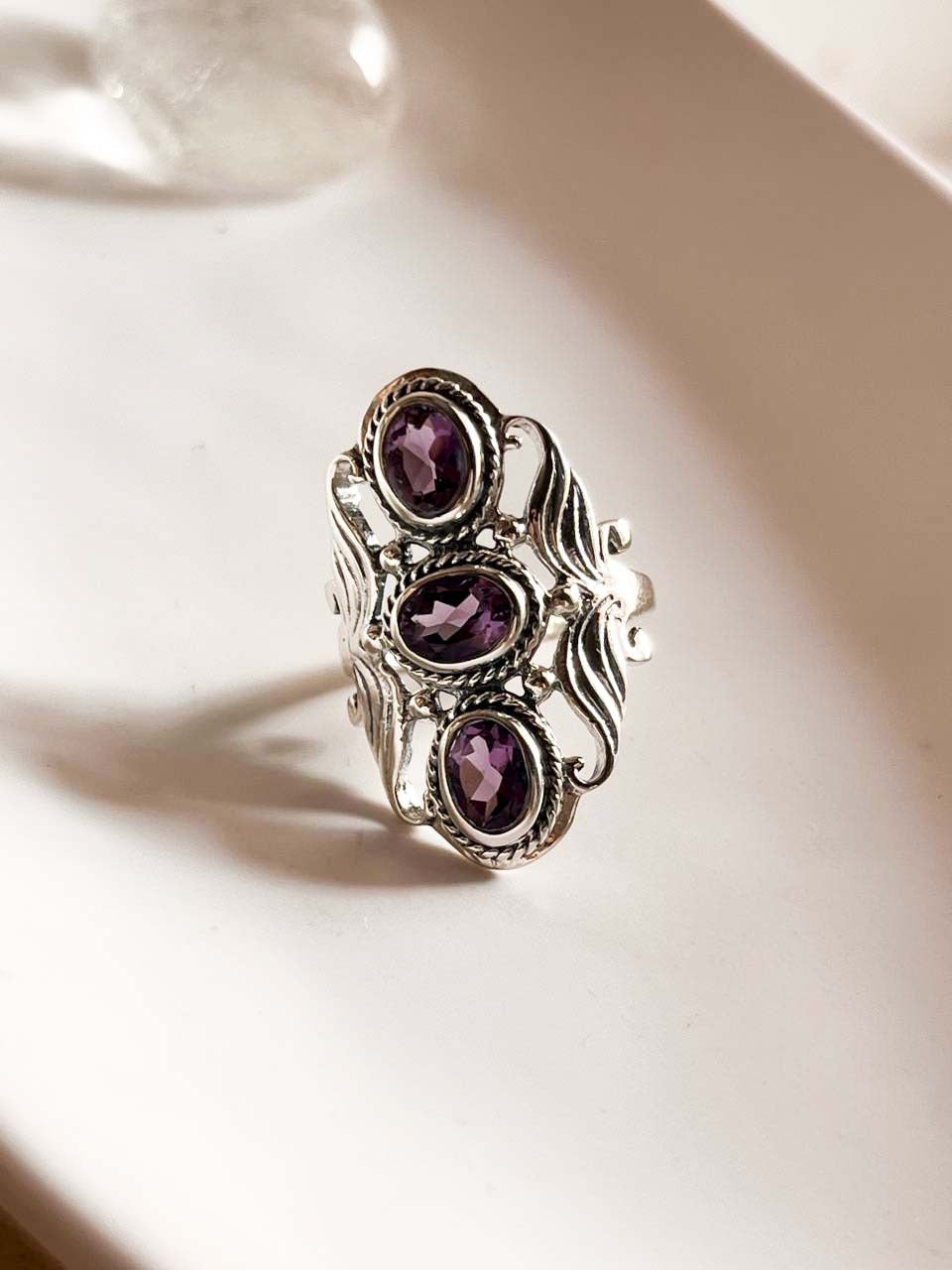 Amethyst 3 Stone Statement Silver Ring