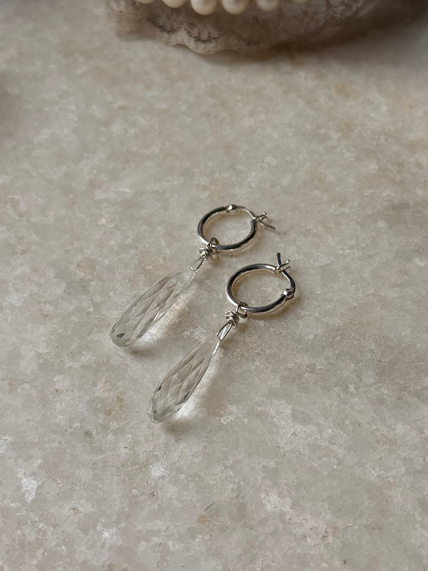 925 Sterling Silver Clear Quartz Drop Carved Charm Italian Hoops Handcrafted