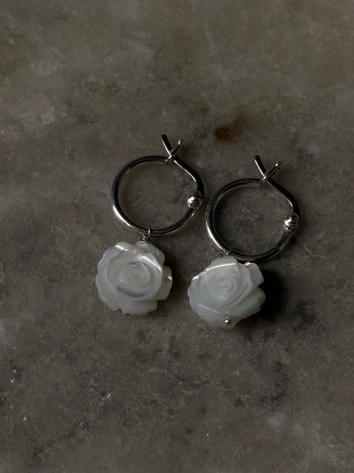 925 Sterling Silver Mother of Pearl Rose Carved Charm Italian Hoops