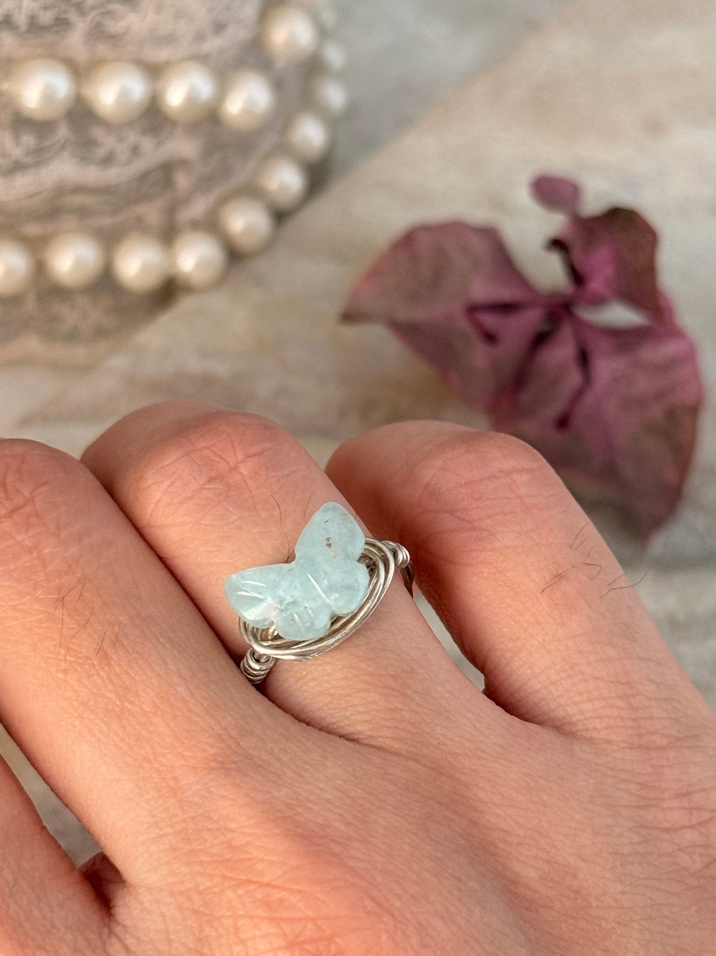 925 Sterling Silver Aquamarine Butterfly Wire Wrapped Handcrafted Ring