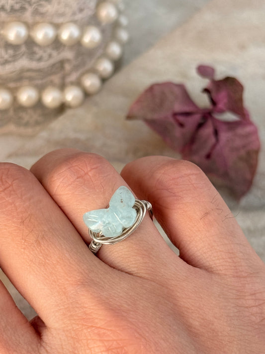 925 Sterling Silver Aquamarine Butterfly Wire Wrapped Handcrafted Ring