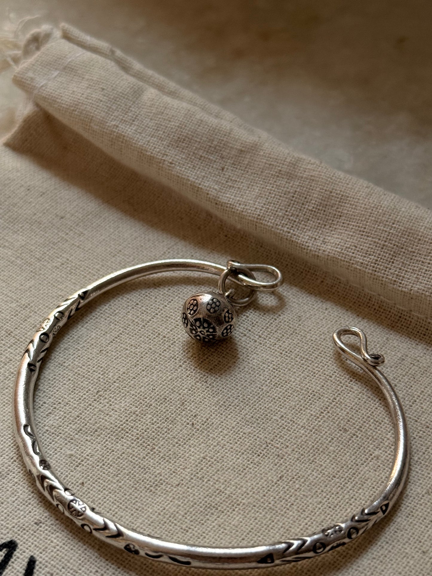925 Sterling Silver Antique Hill Tribe Handcrafted Adjustable Kada With Hanging Charm