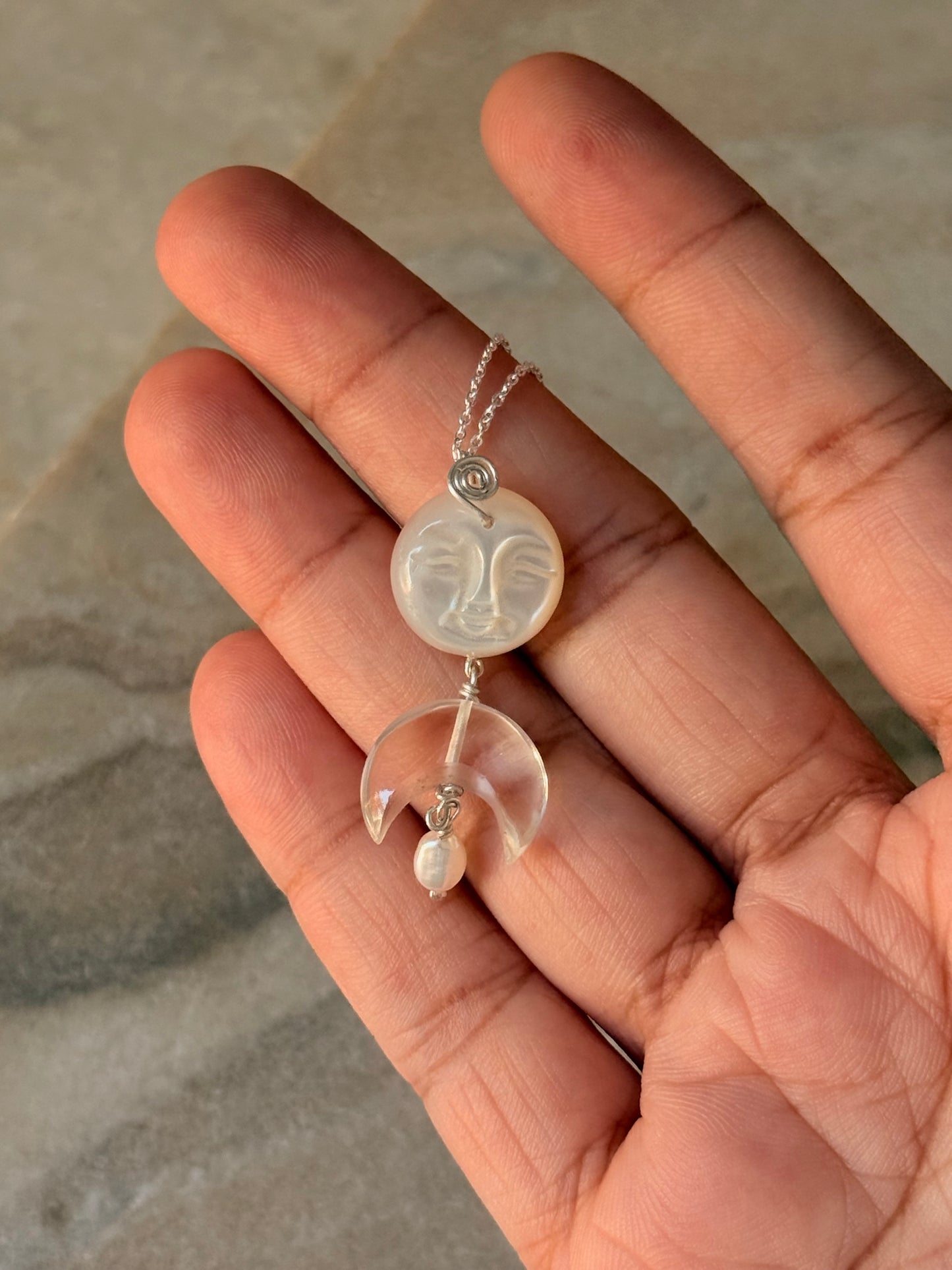 925 Sterling Silver Mother of Pearl Full Moon Face Spiral Carved, Clear Quartz Moon Handcrafted Necklace