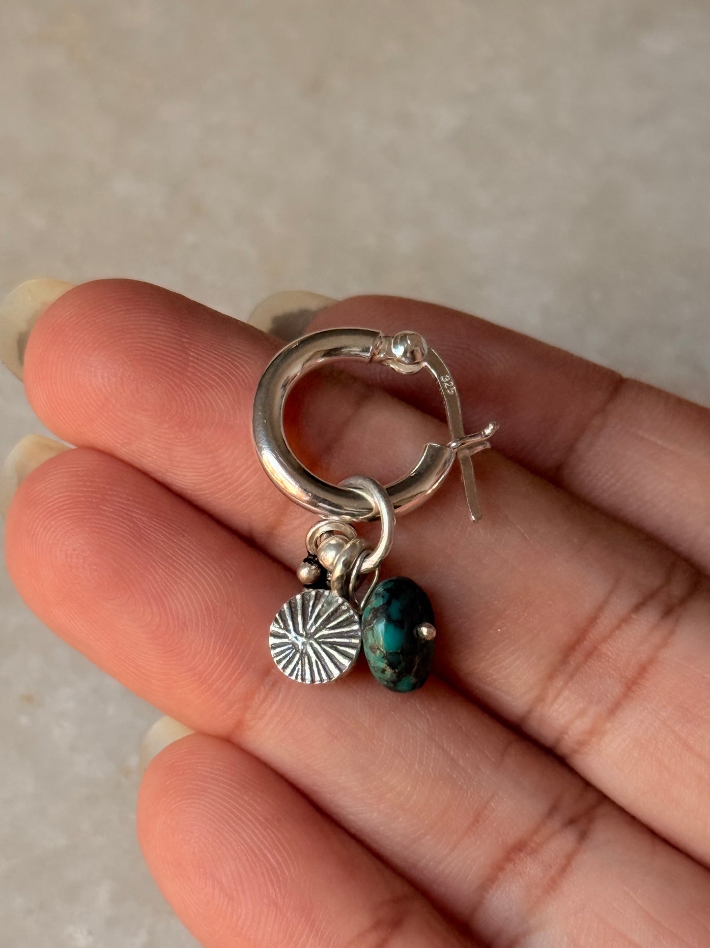 925 Sterling Silver Hill Tribe Handcrafted Coin Charm,Kingsman Turquoise ,Rawa Tribal Charm &Silver Ball -Removal Italian Hoops