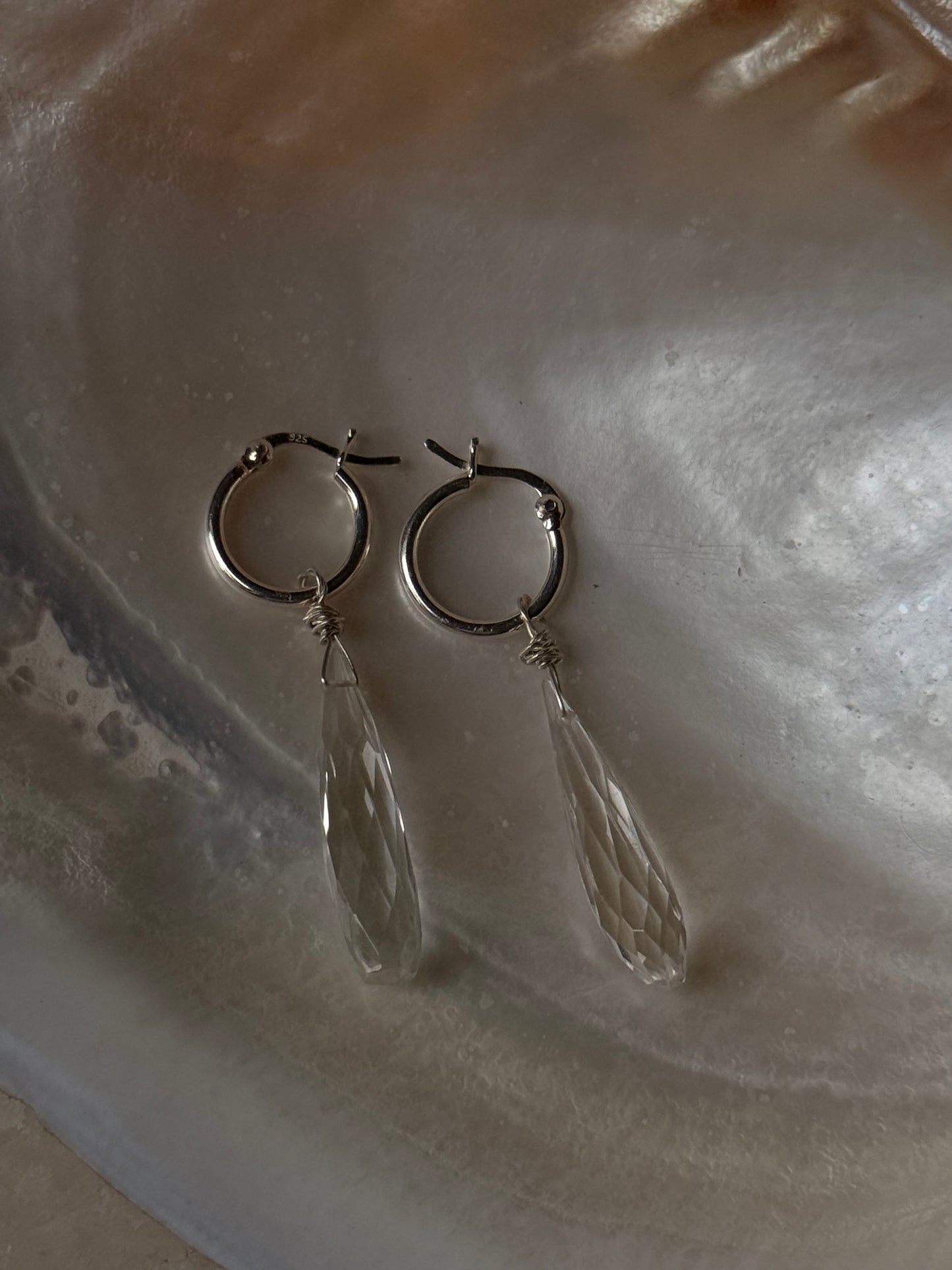 925 Sterling Silver Clear Quartz Drop Carved Charm Italian Hoops Handcrafted