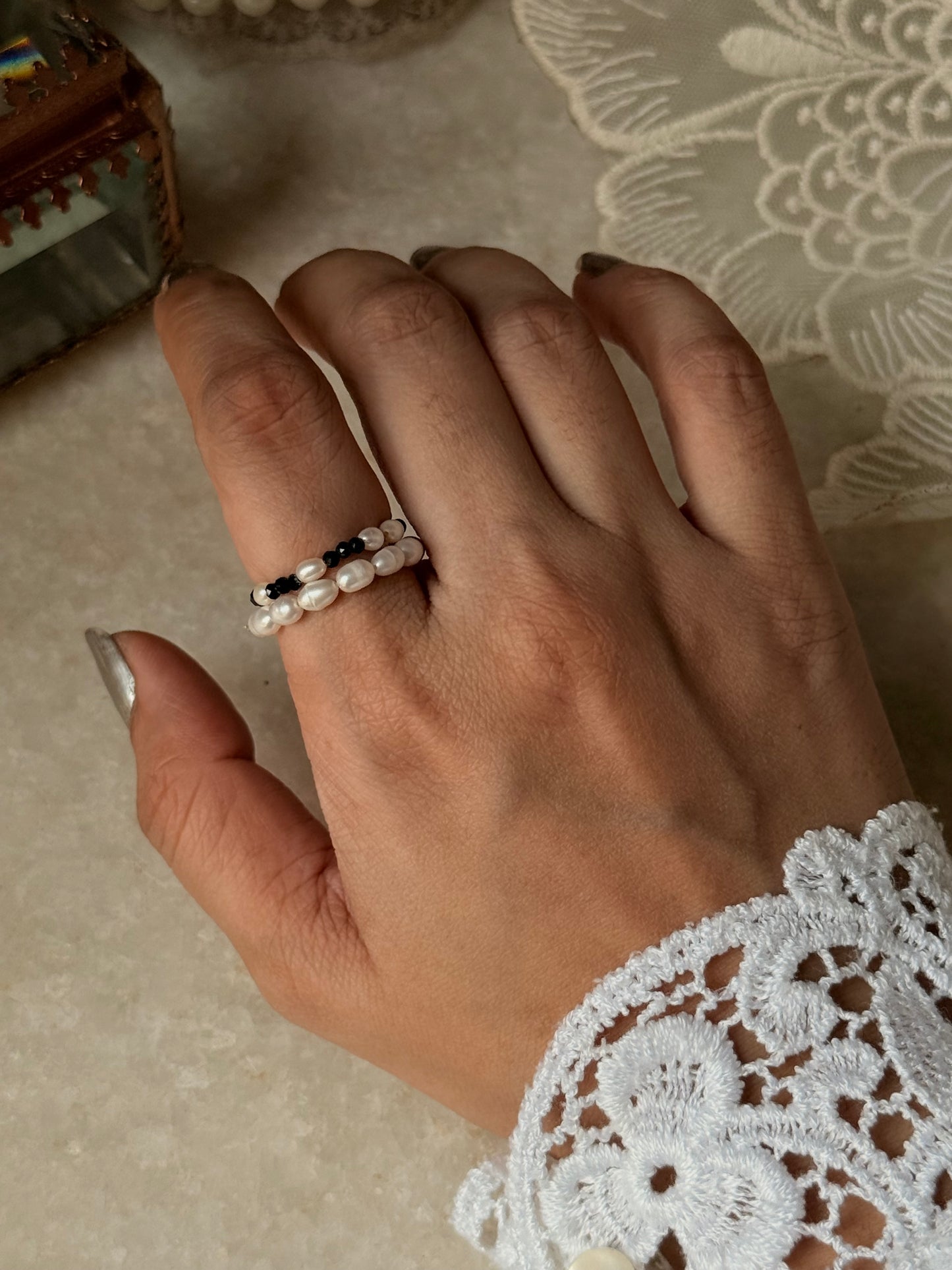 Natural Crystal Stretchy Fresh Water Pearl & Black Spinel Pearl Rings