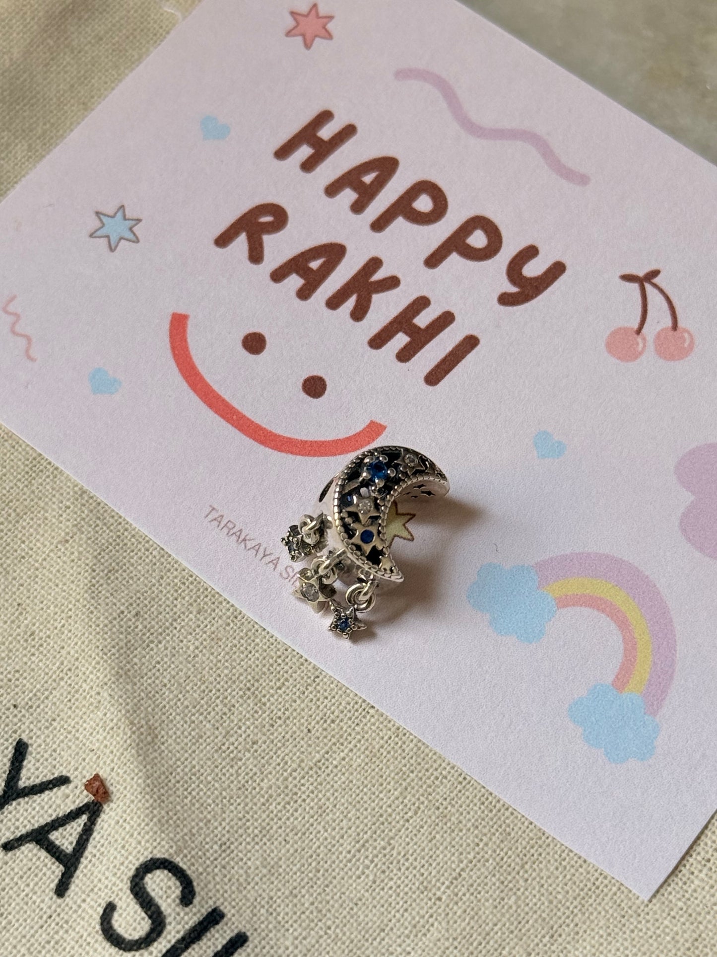 925 Sterling Silver Moon Stars Charm Rakhi ~ Reusable as Pendant/Bracelet Charm Handcrafted Rakhi