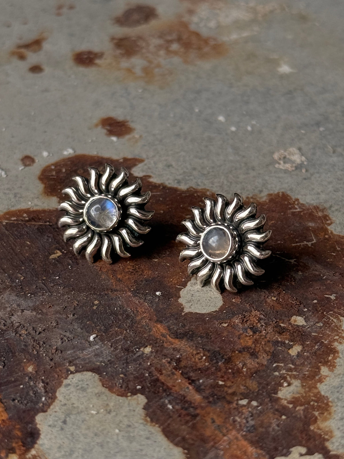 925 Sterling Silver Moonstone Big Sun Stud Earrings